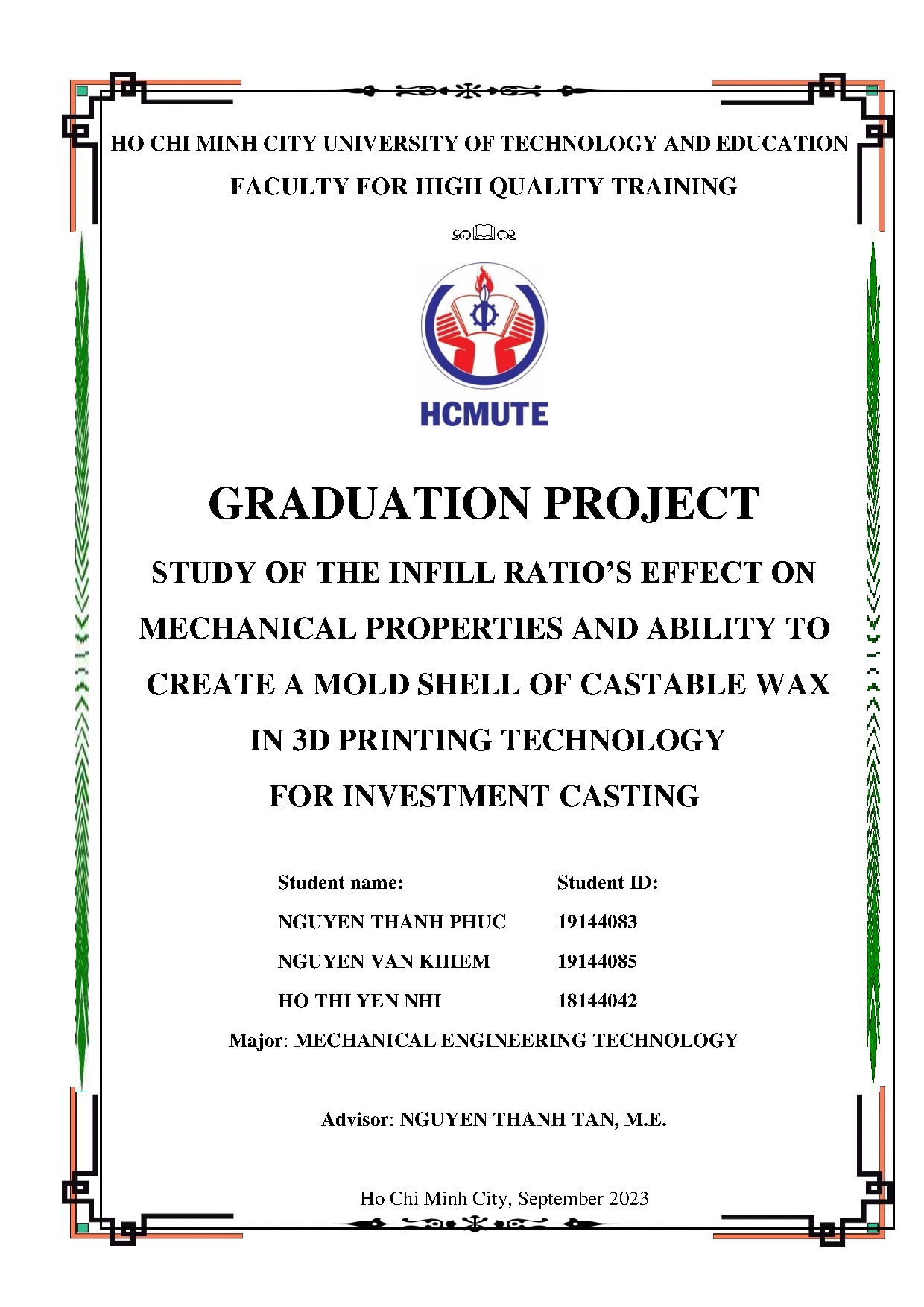 Đồ án tốt nghiệp - Study of The Infill Ratios Effect on Mechanica Properties AATC a MSOCAWI 3 PTFIC