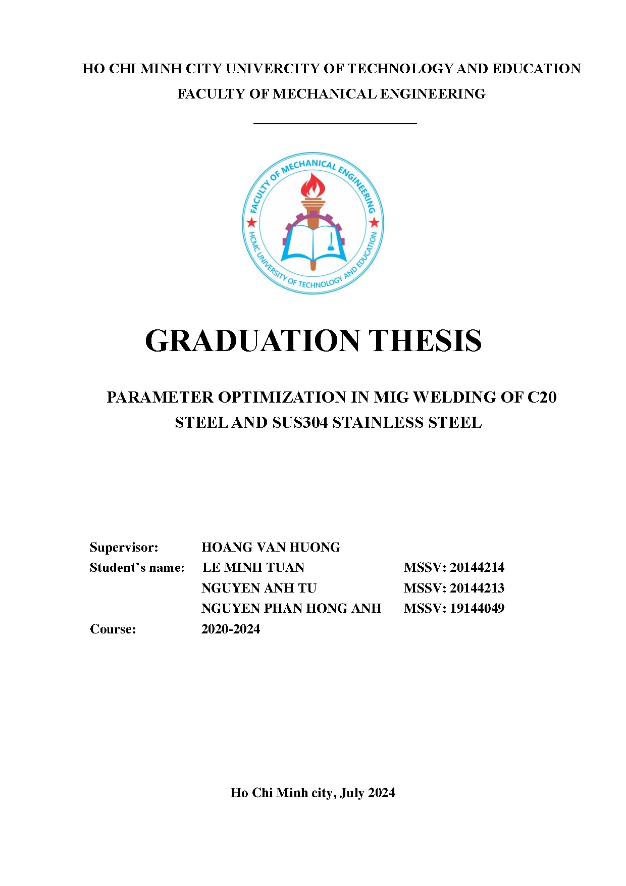 Đồ án tốt nghiệp - Parameter optimization in mig welding of C20 Steel and SUS304 stainless steel