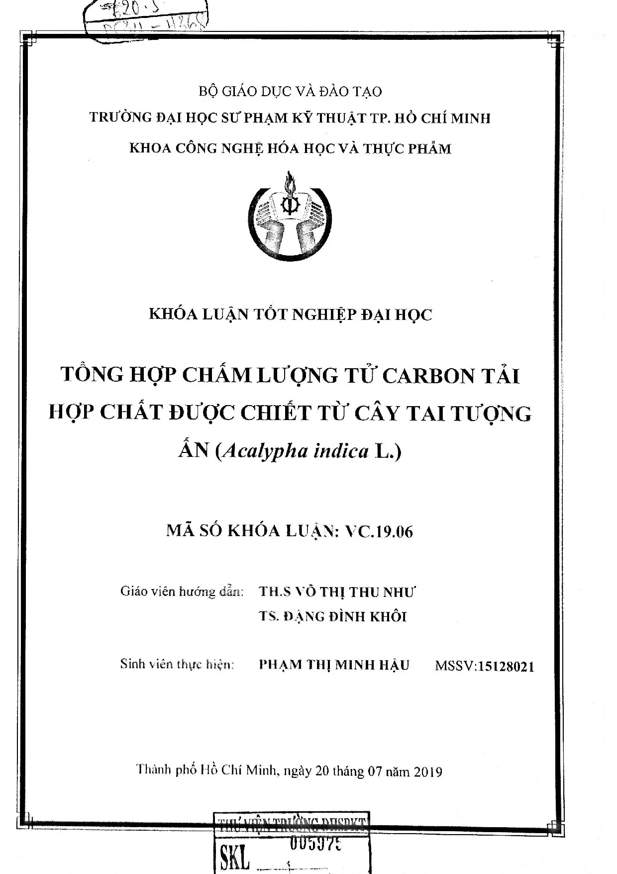 Đồ án tốt nghiệp - Tổng hợp chấm lượng tử carbon tải hợp chất được chiết từ cây tai tượng ấn ( IL