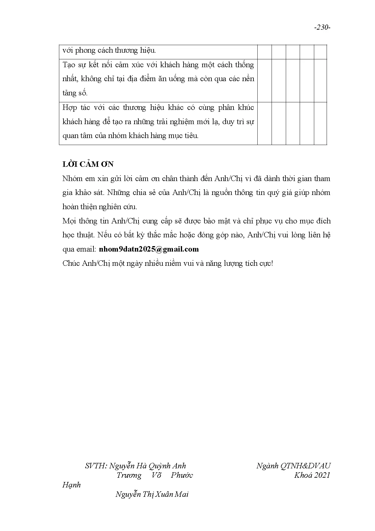 Đồ án tốt nghiệp - Nghiên cứu sự ảnh hưởng của tài sản thương hiệu đến hành vi mua hàng CGTLVFTTPHCM - Trang 240