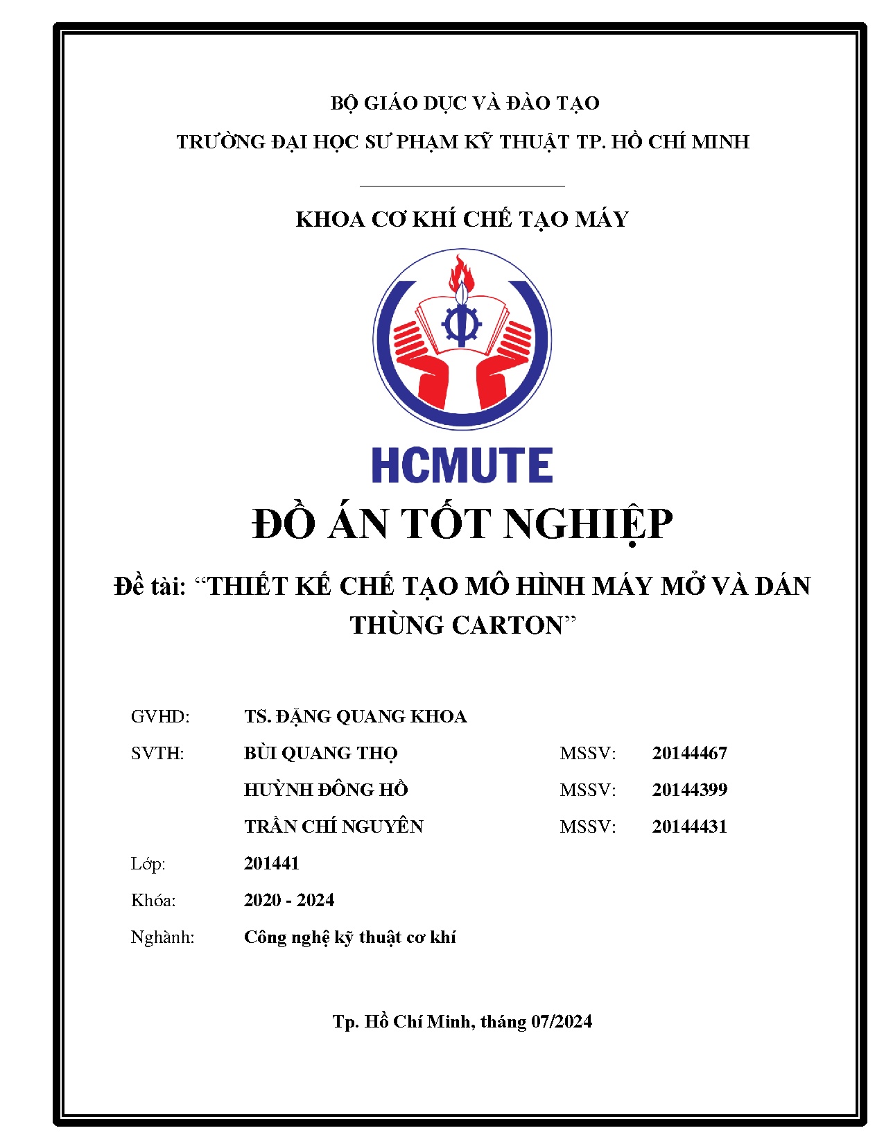 Đồ án tốt nghiệp - Thiết kế chế tạo mô hình máy mở và dán thùng carton