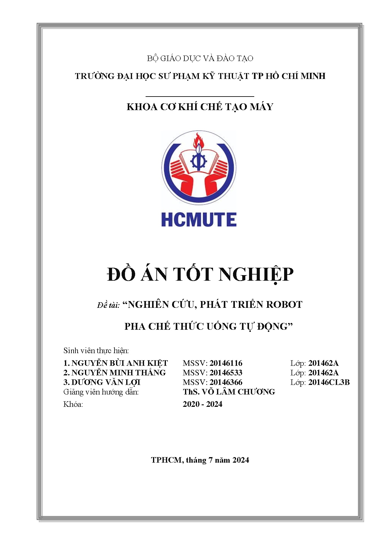 Đồ án tốt nghiệp - Nghiên cứu, phát triển robot pha chế thức uống tự động