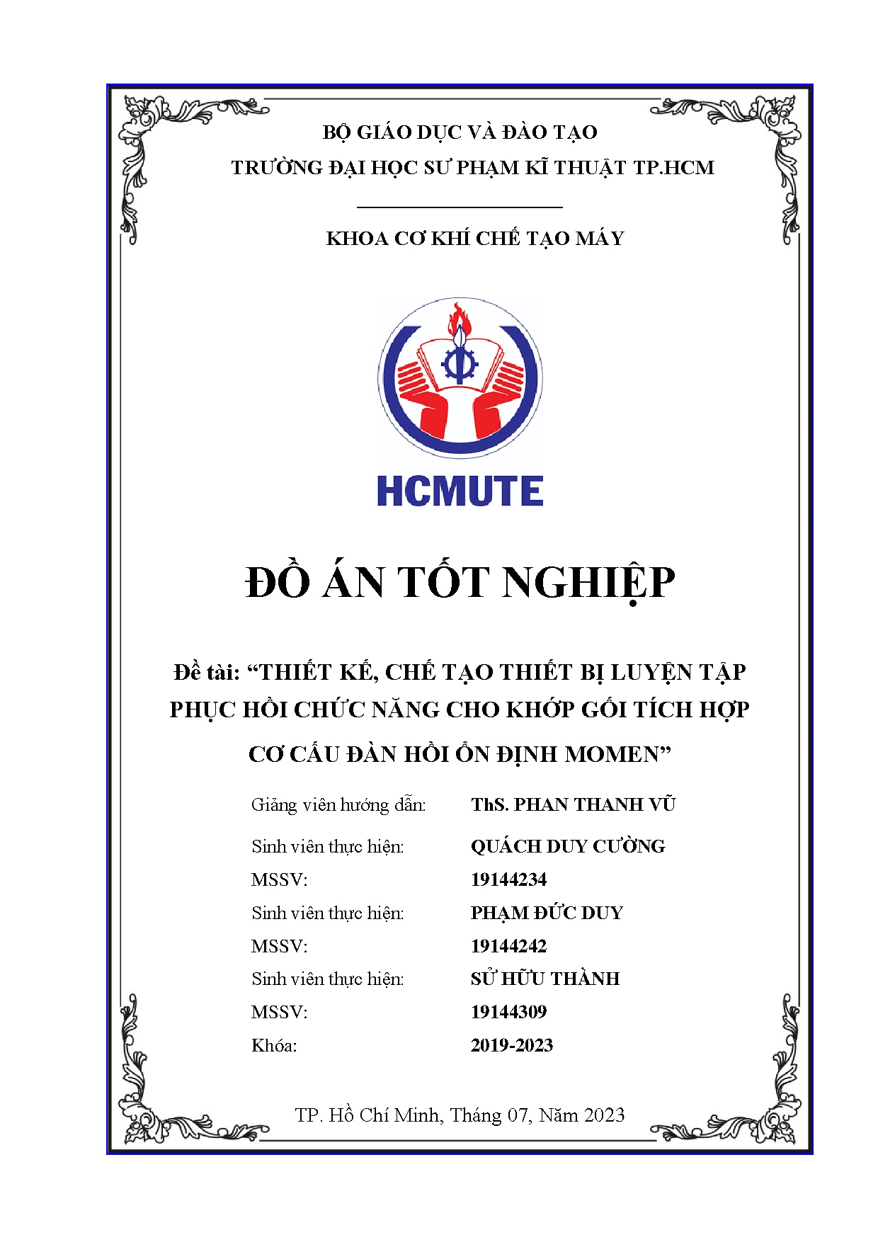 Đồ án tốt nghiệp - Thiết kế, chế tạo thiết bị luyện tập phục hồi chức năng cho khớp gối THCCĐHỔĐM