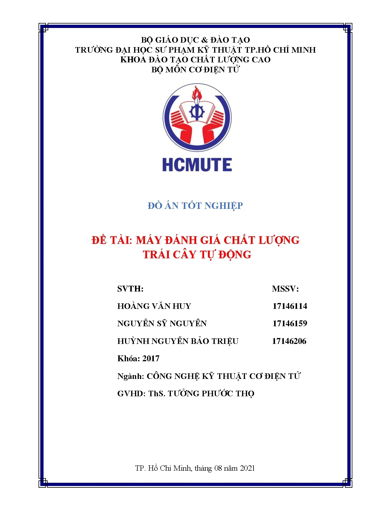 Đồ án tốt nghiệp - Máy đánh giá chất lượng trái cây tự động: Đồ án tốt nghiệp Khoa Đào TCLCNCNKTCĐT