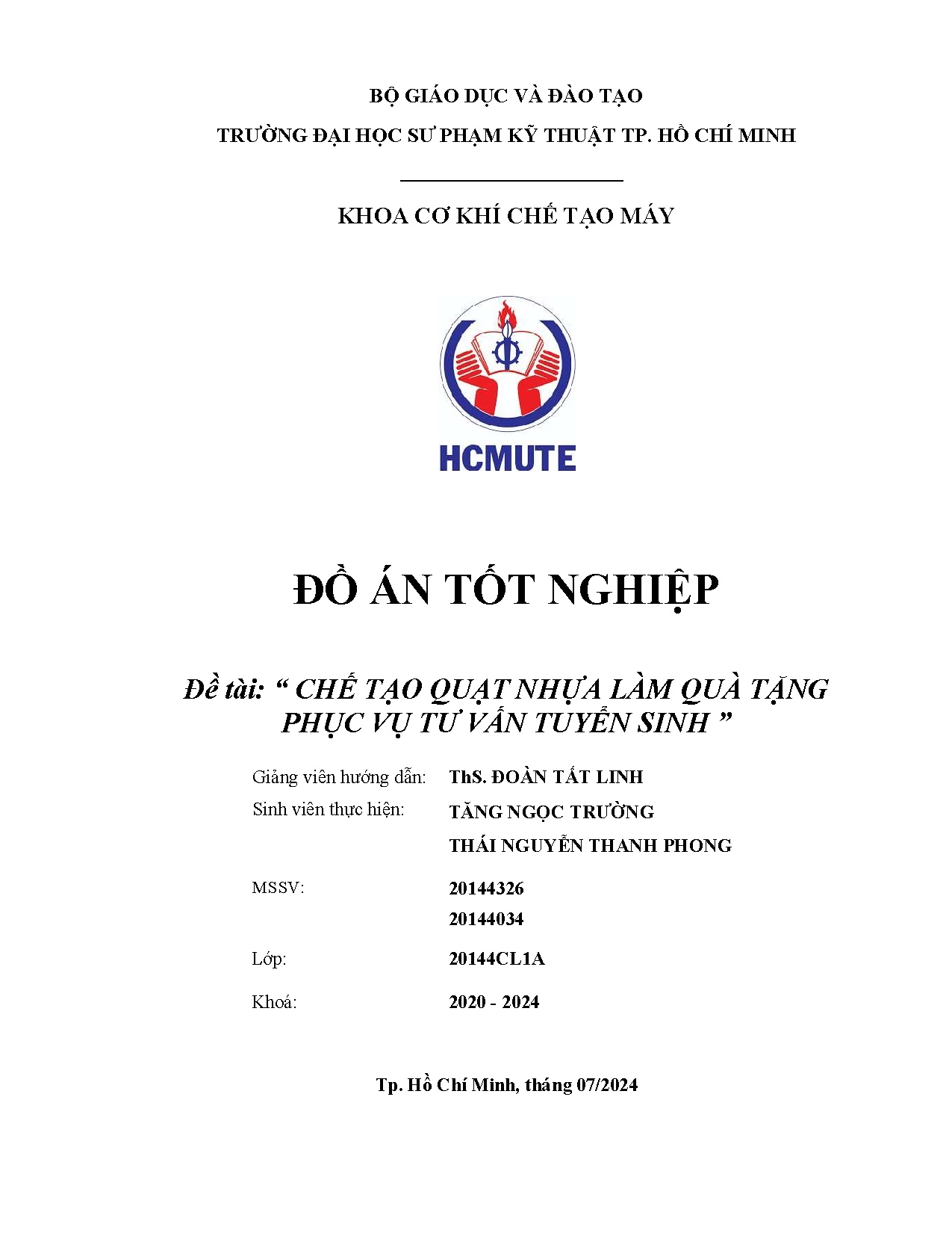 Đồ án tốt nghiệp - Chế tạo quạt nhựa làm quà tặng phục vụ tư vấn tuyển sinh