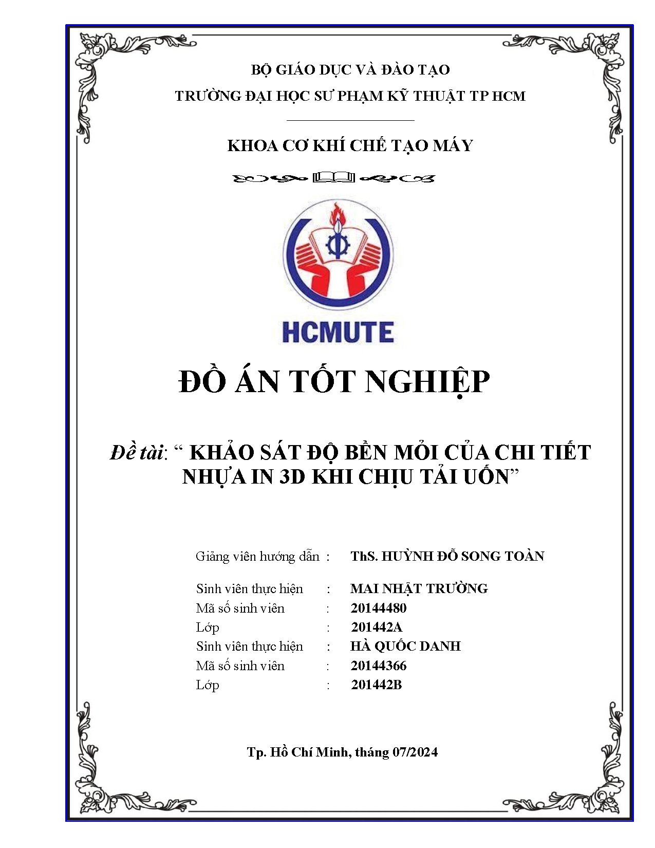 Đồ án tốt nghiệp - Khảo sát độ bền mỏi của chi tiết nhựa in 3D khi chịu tải uốn