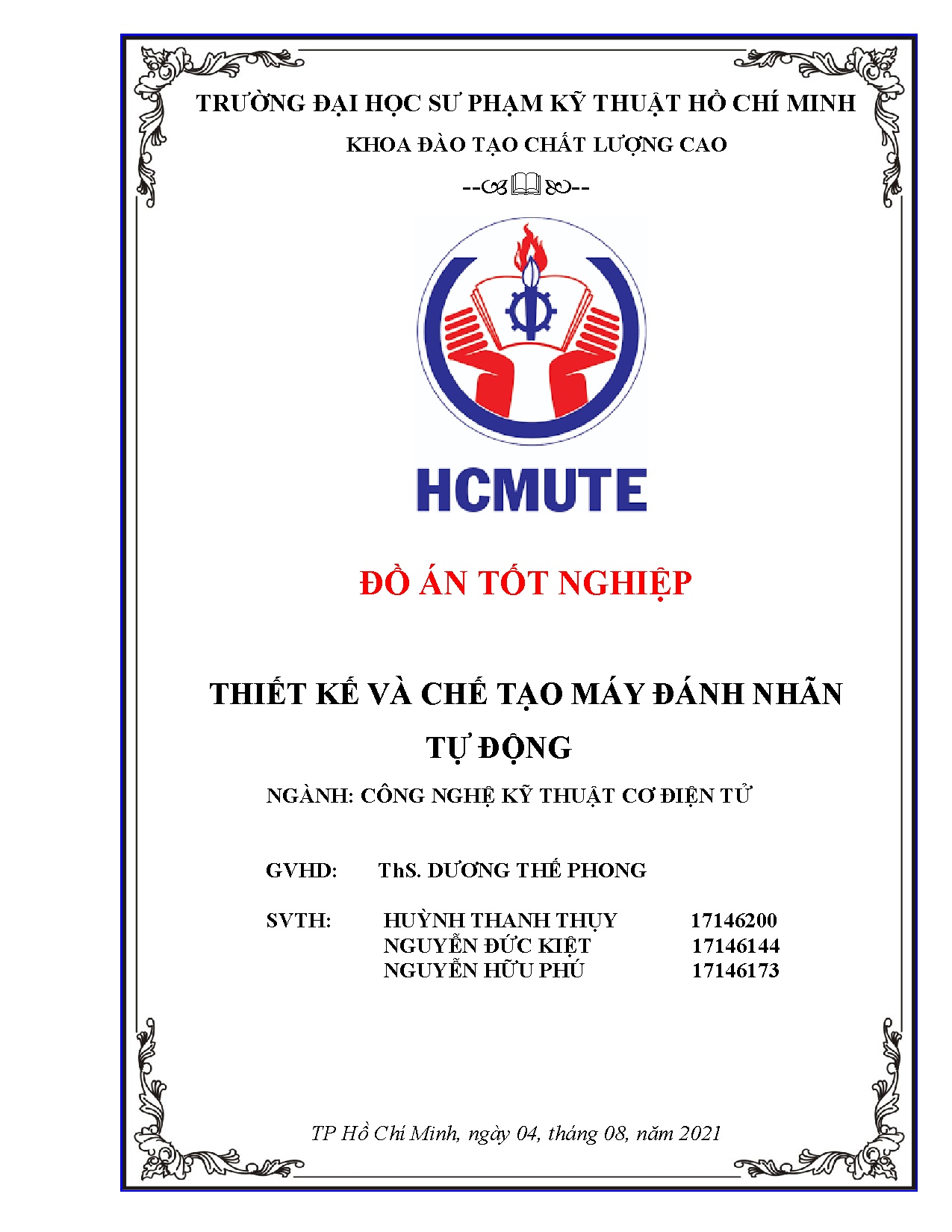 Đồ án tốt nghiệp - Thiết kế và chế tạo máy đánh nhãn tự động: Đồ án tốt nghiệp Khoa Đào TCLCNCNKTCĐT