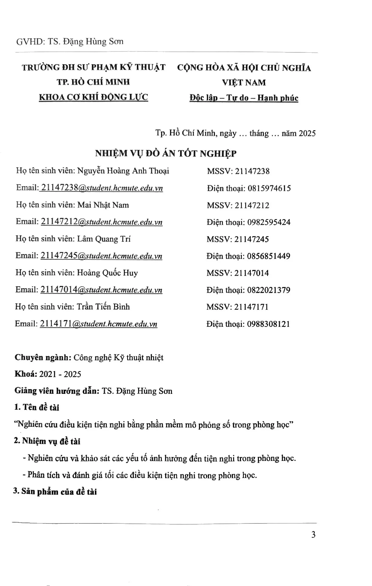 Đồ án tốt nghiệp - Nghiên cứu điều kiện tiện nghi bằng phần mềm mô phỏng số trong phòng học - Trang 3