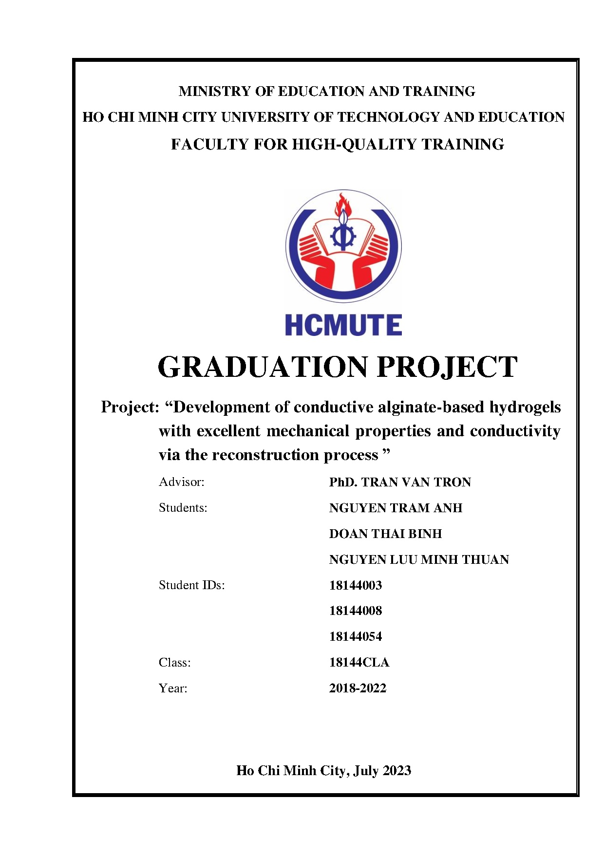 Đồ án tốt nghiệp - Development of conductive alginate-based hydrogels with excellent MPACVTRP