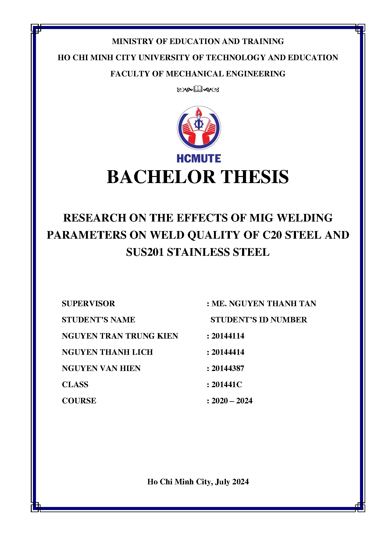 Đồ án tốt nghiệp - Research on the effects of MIG welding parameters on weld quality of C20 SASSS