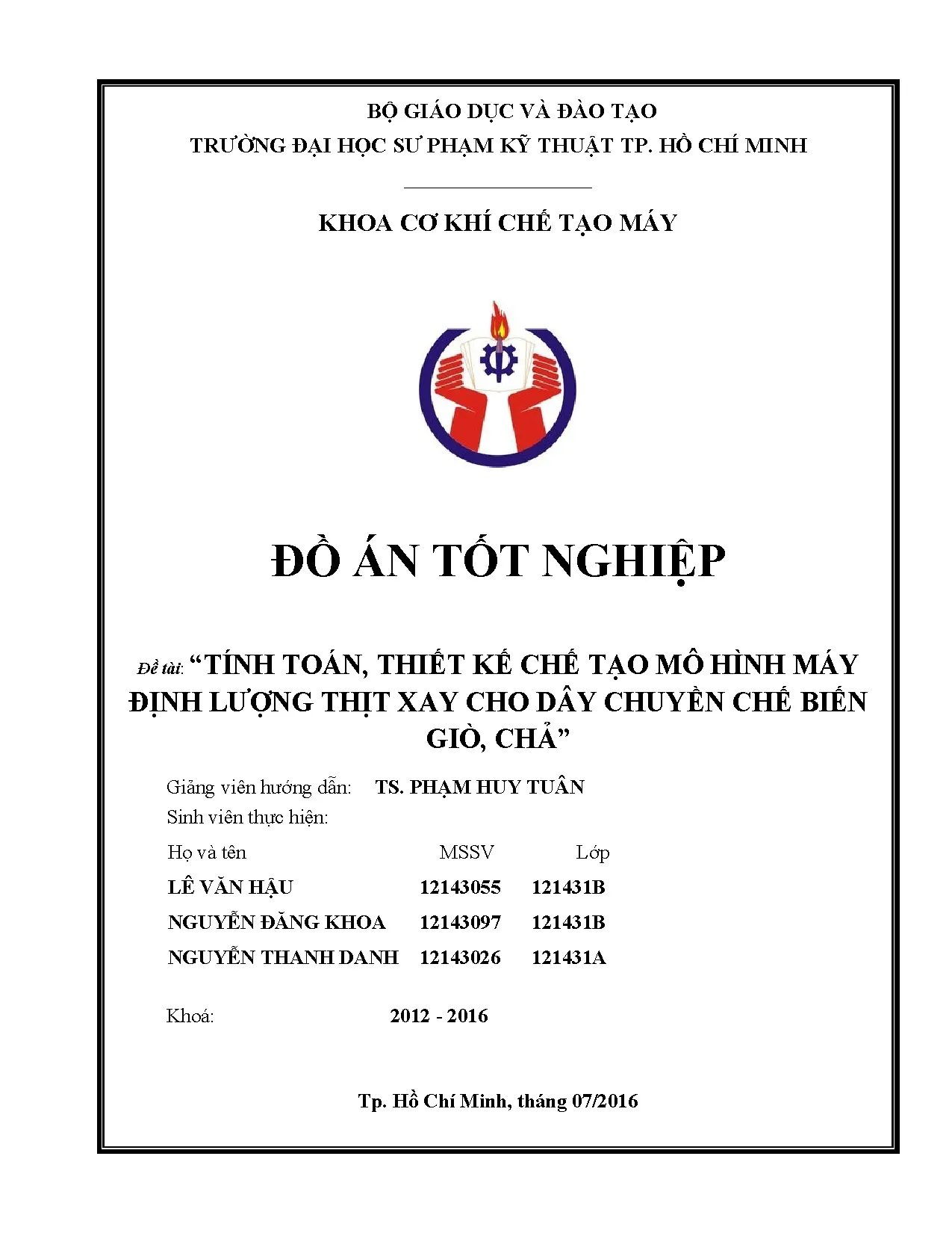 Đồ án tốt nghiệp - Tính toán, thiết kế chế tạo mô hình máy định lượng thịt xay cho dây chuyền CBGC