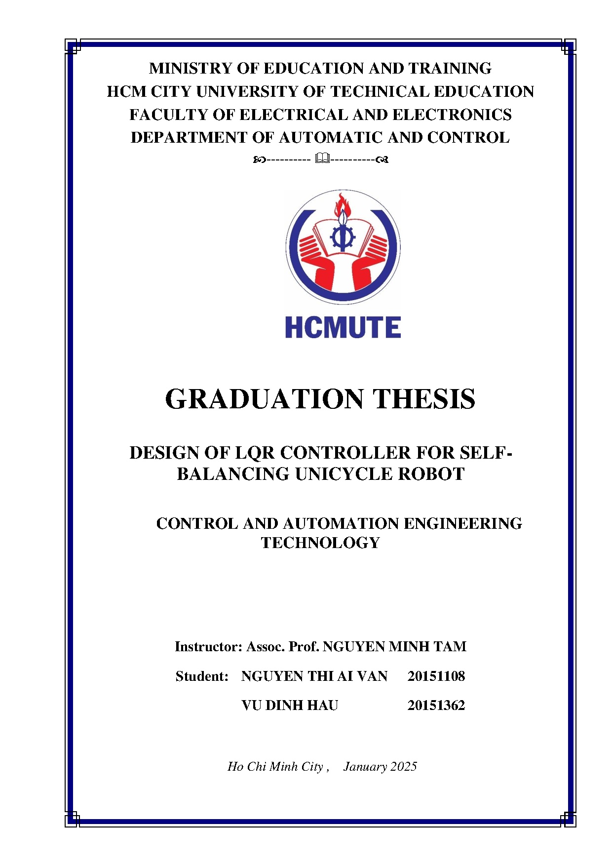 Đồ án tốt nghiệp - Design of LQR Controller for Self-Balancing Unicycle Robot