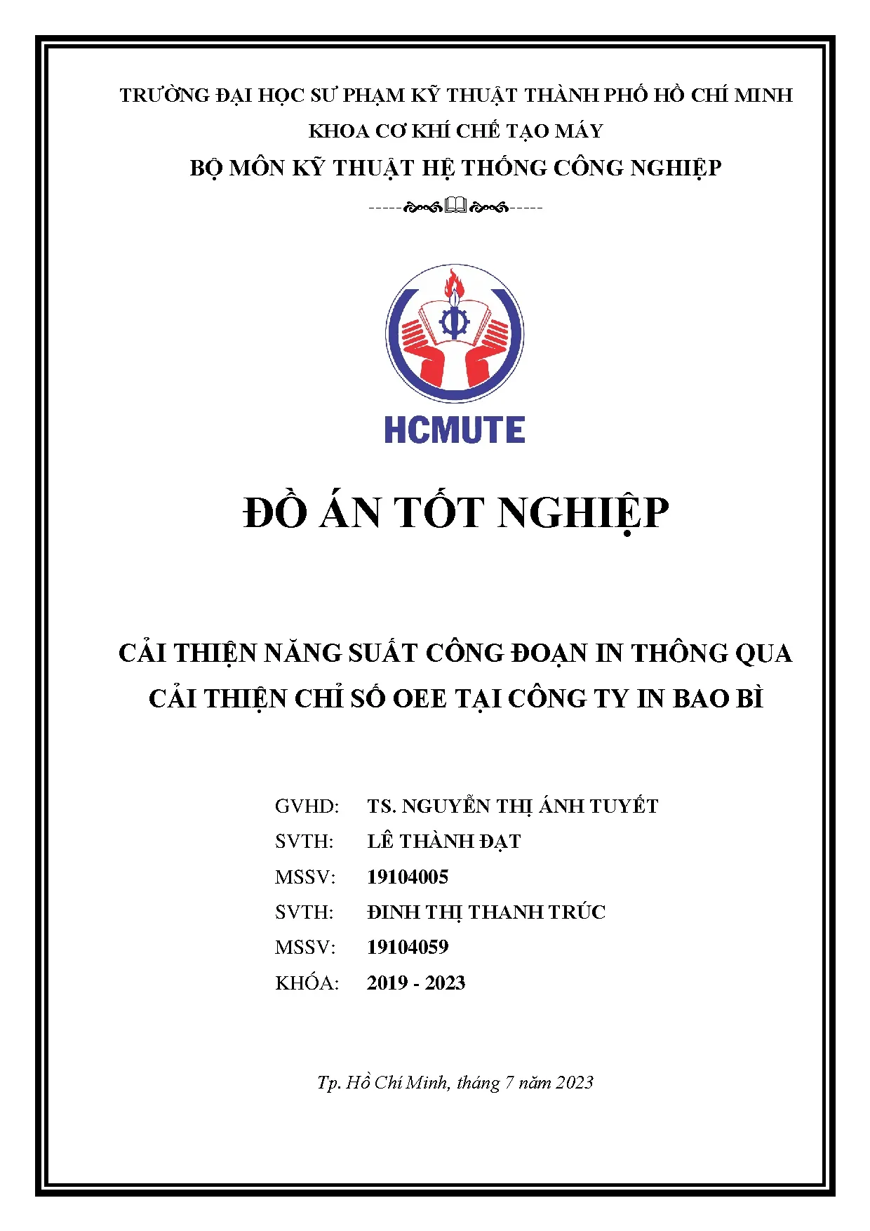Đồ án tốt nghiệp - Cải thiện năng suất công đoạn in thông qua cải thiện chỉ số OEE tại Công ty in BB