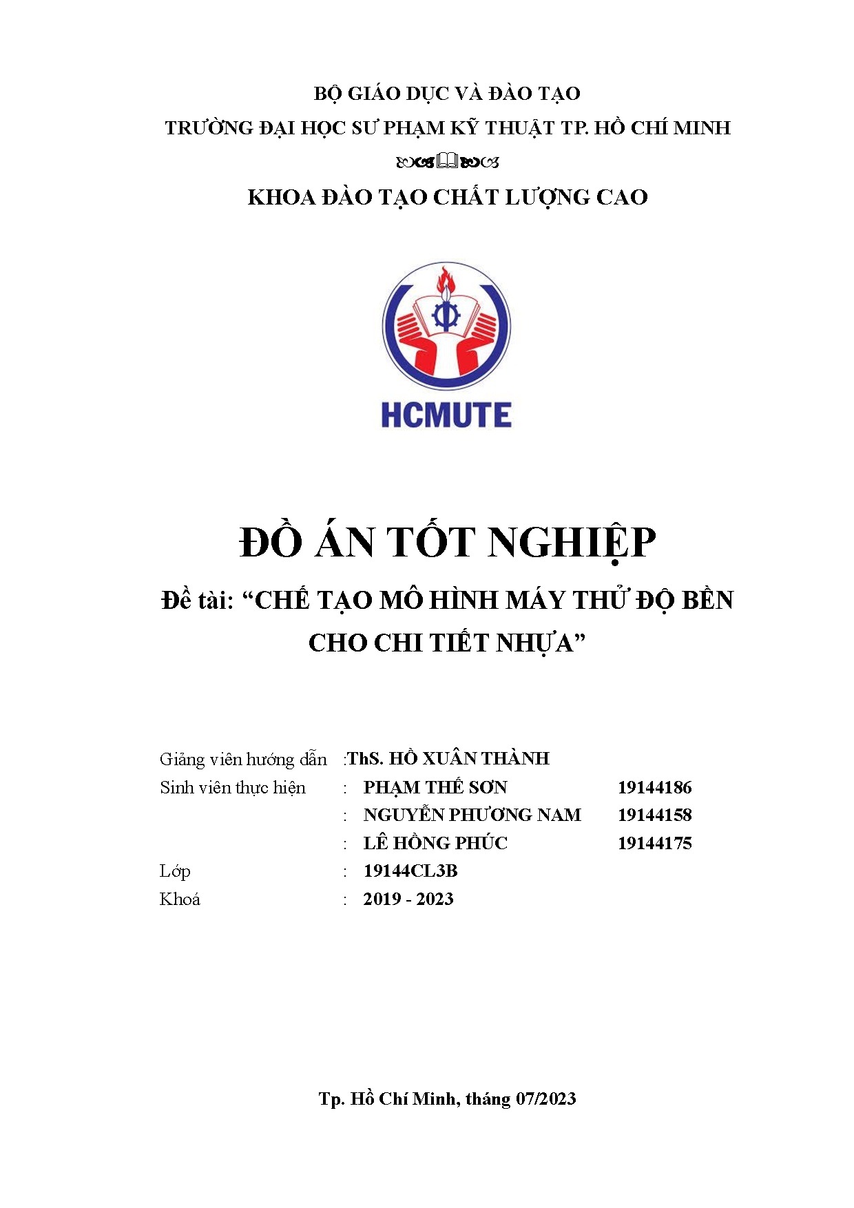 Đồ án tốt nghiệp - Chế tạo mô hình máy thử độ bền cho chi tiết nhựa