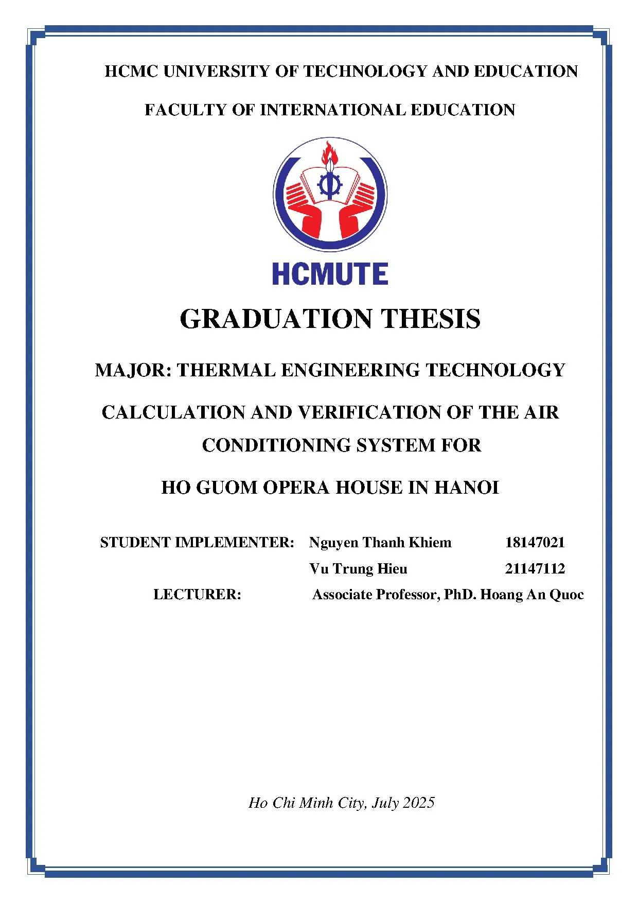 Đồ án tốt nghiệp - Calculation and verification of the airconditioning system for Ho Guom opera HIH