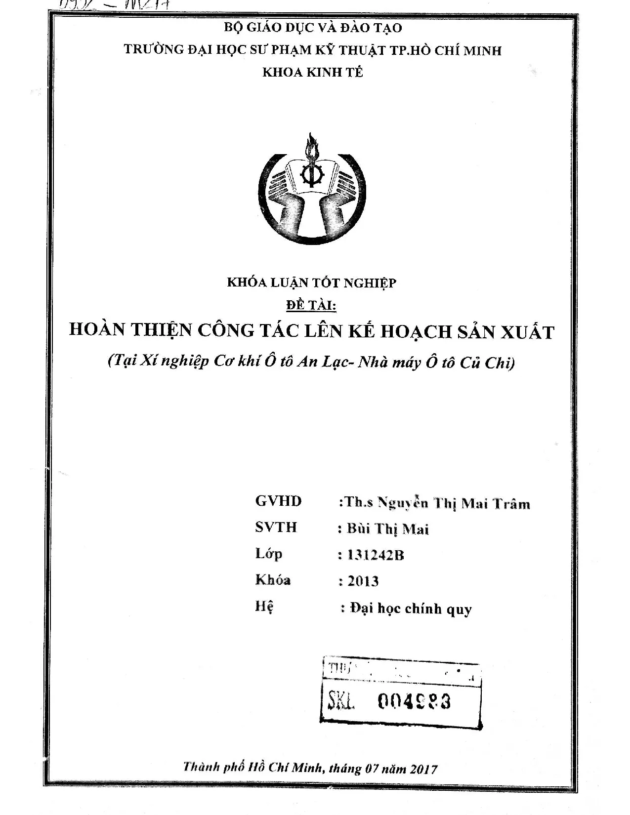 Đồ án tốt nghiệp - Hoàn thiện công tác lên kế hoạch sản xuất (Tại xí nghiệp cơ khí ô TAL - NM ô TCC