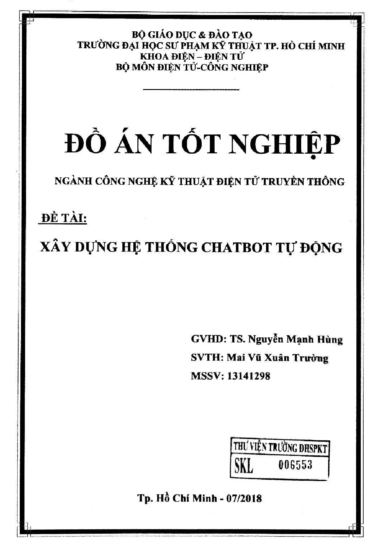 Đồ án tốt nghiệp - Xây dựng hệ thống Chatbot tự động