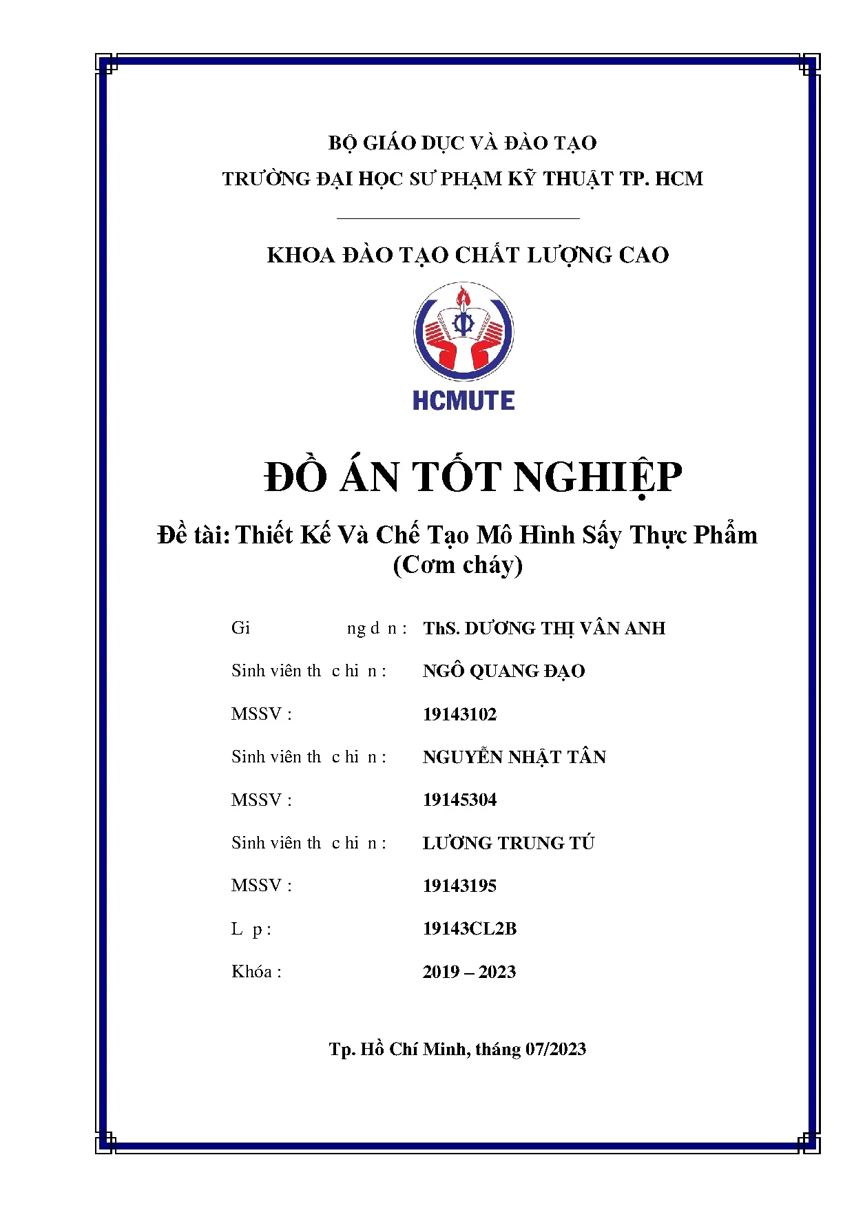 Đồ án tốt nghiệp - Thiết kế và chế tạo mô hình sấy thực phẩm