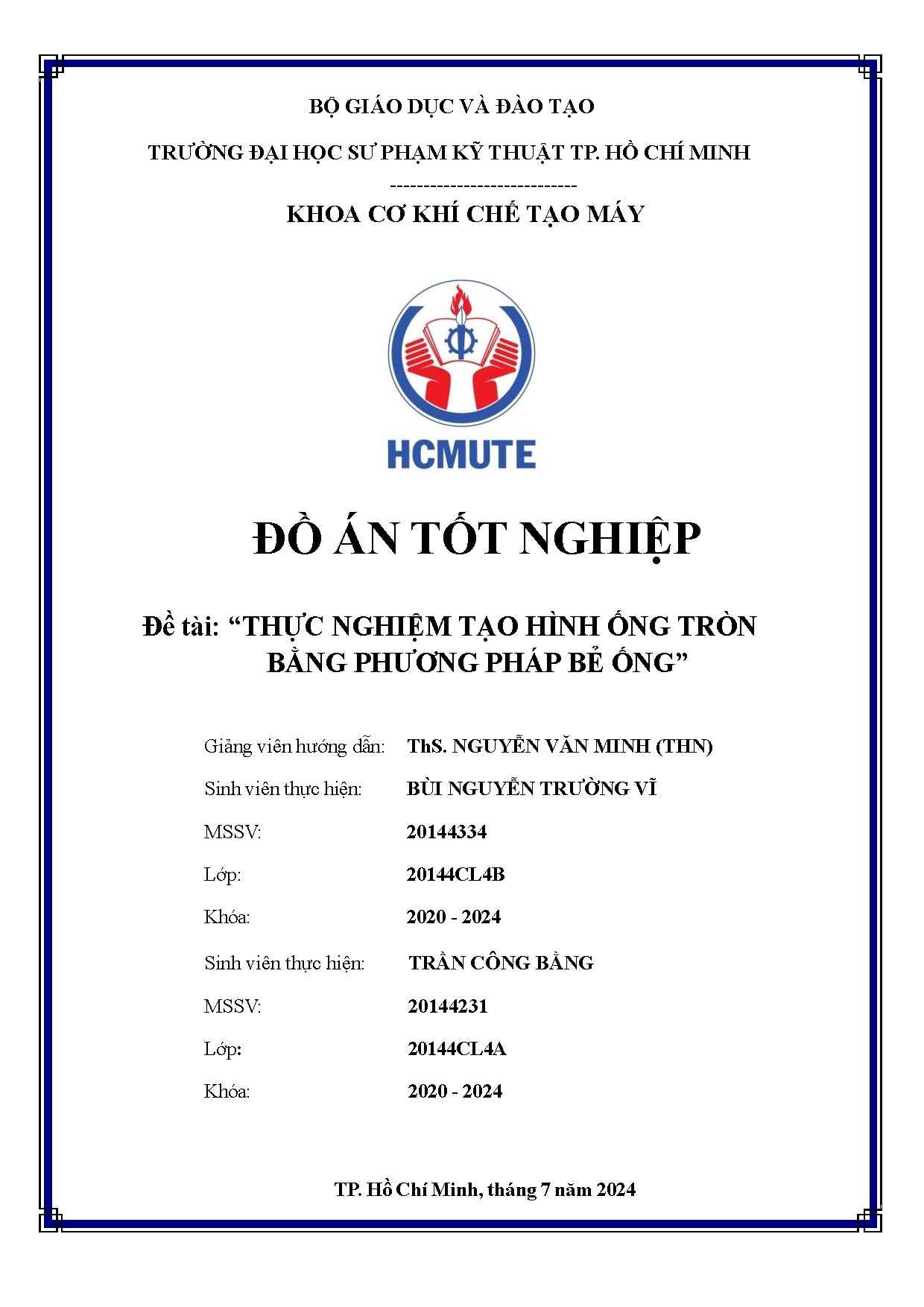 Đồ án tốt nghiệp - Thực nghiệm tạo hình ống tròn bằng phương pháp bẻ ống