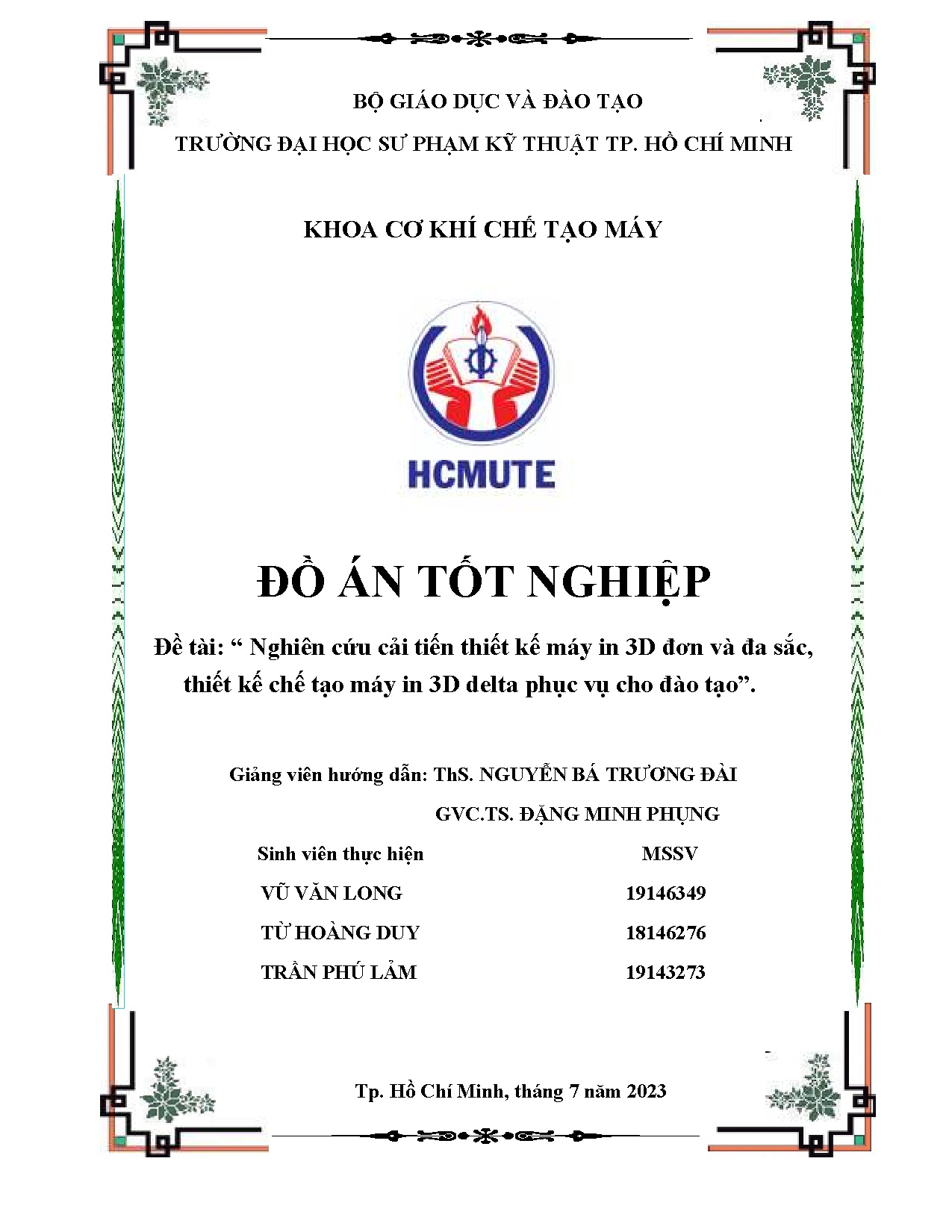 Đồ án tốt nghiệp - Nghiên cứu cải tiến thiết kế máy in 3D đơn và đa sắc, thiết kế chế TMI 3 DPVCĐT