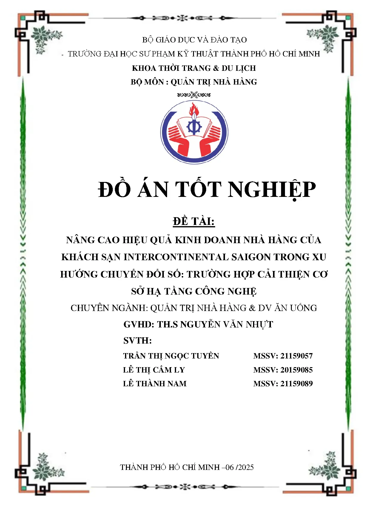 Đồ án tốt nghiệp - Nâng cao hiệu quả kinh doanh nhà hàng của khách sạn ISTXHCĐSTHCTCSHTCN