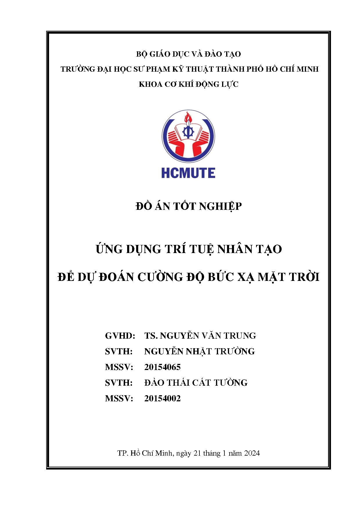 Đồ án tốt nghiệp - Ứng dụng trí tuệ nhân tạo để dự đoán cường độ bức xạ mặt trời