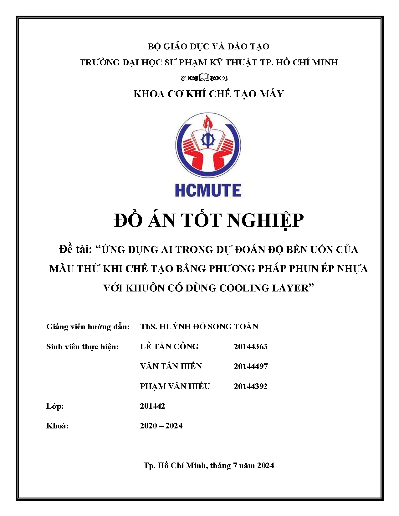 Đồ án tốt nghiệp - Ứng dụng AI trong dự đoán độ bền uốn của mẫu thử khi chế tạo bằng PPPÉNVKCDCL