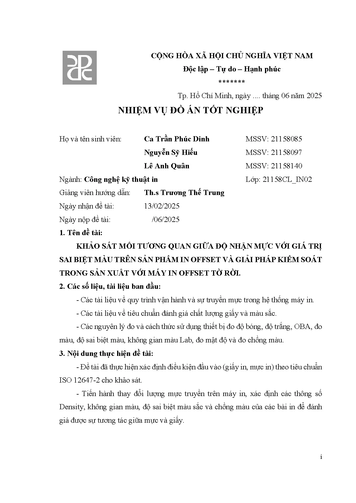 Đồ án tốt nghiệp - Khảo sát mối tương quan giữa độ nhận mực với giá trị sai BMTSPIOVGPKSTSXVMIOTR - Trang 3