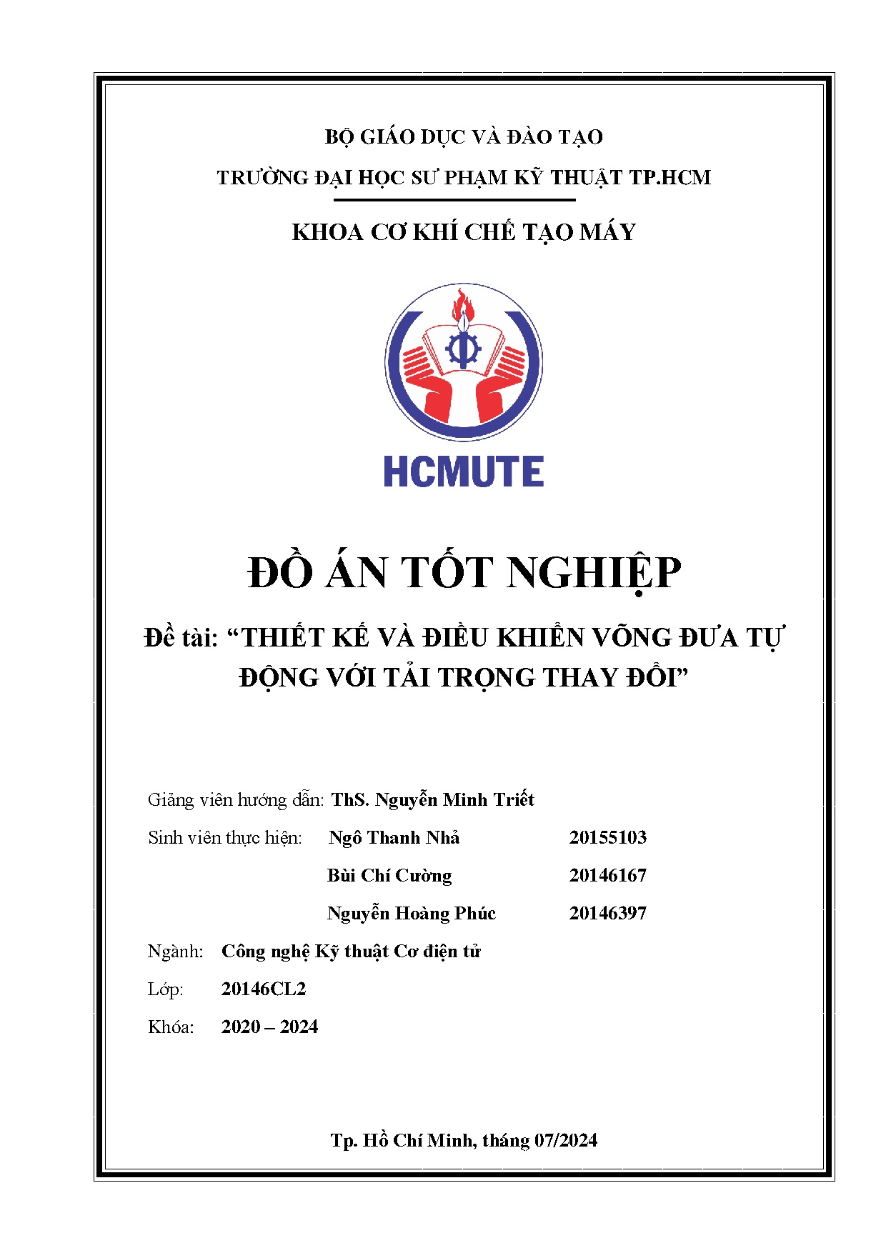 Đồ án tốt nghiệp - Thiết kế và điều khiển võng đưa tự động với tải trọng thay đổi