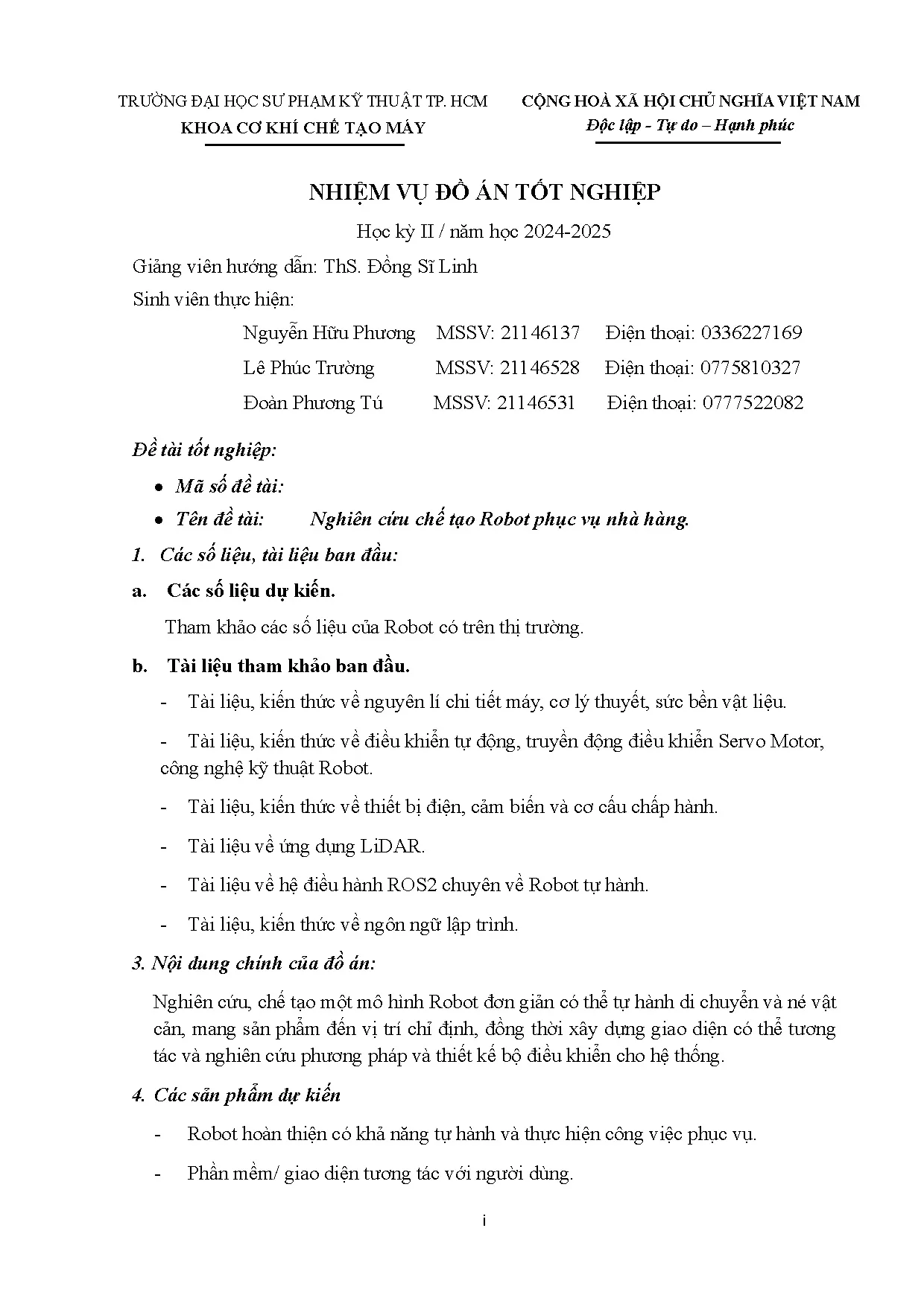 Đồ án tốt nghiệp - Nghiên cứu và chế tạo robot phục vụ nhà hàng - Trang 3