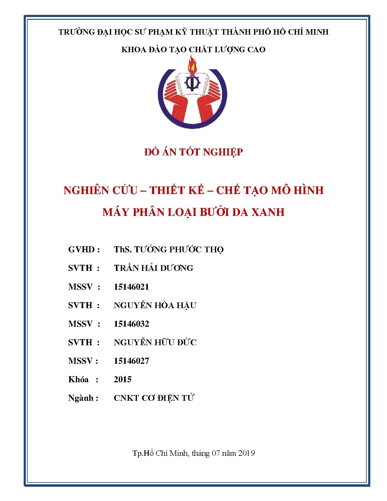 Đồ án tốt nghiệp - Nghiên cứu, thiết kế, chế tạo mô hình máy phân loại bưởi da xanh