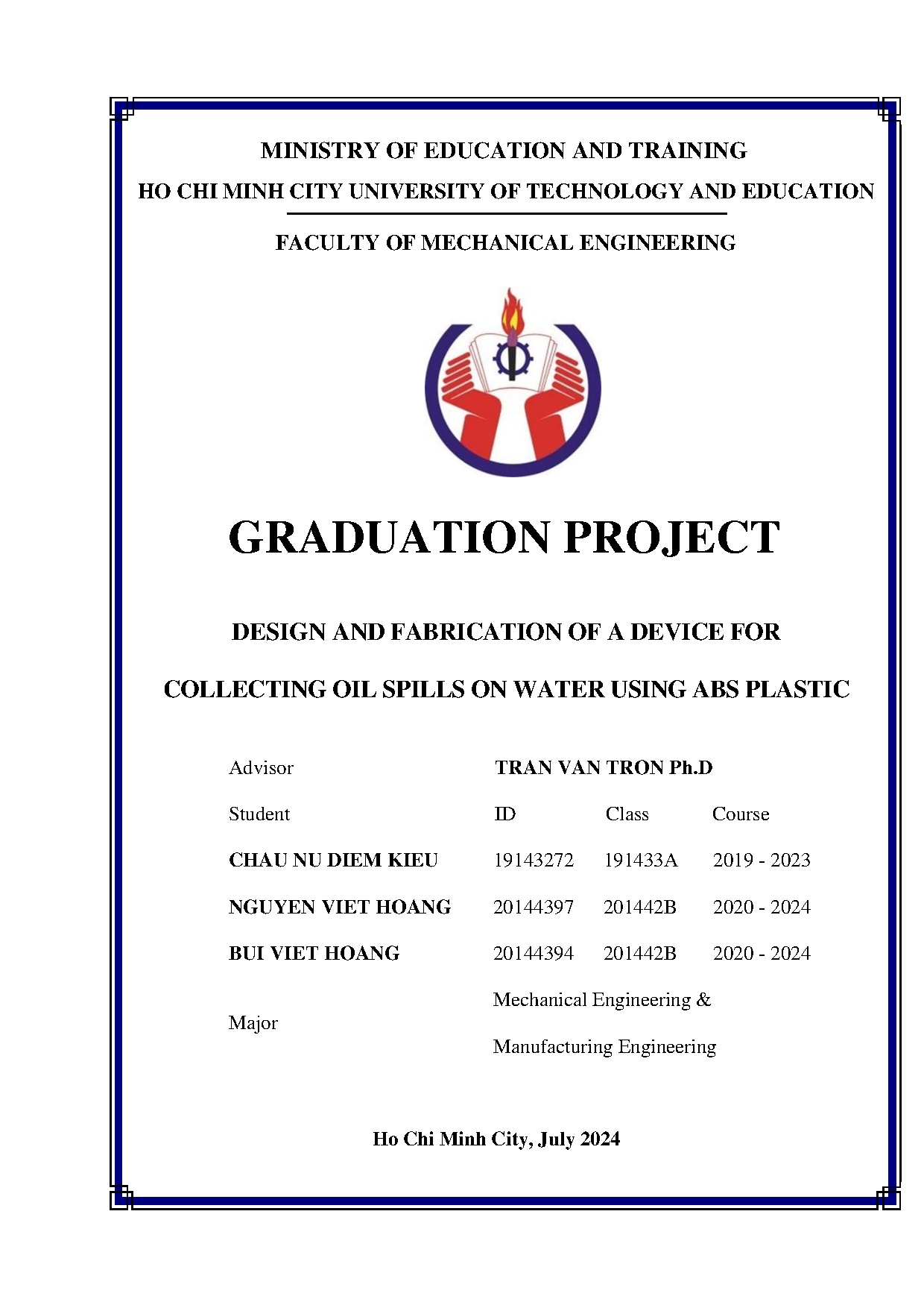 Đồ án tốt nghiệp - Design and fabrication of a device for collecting oil spills on water using ABS P