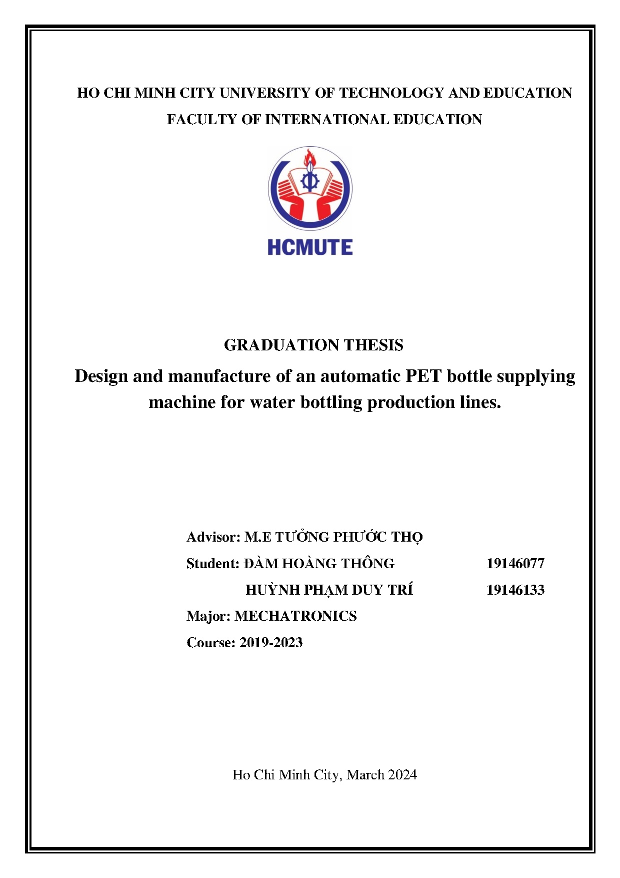 Đồ án tốt nghiệp - Design and manufacture of an automatic Pet bottle supplying machine for water BPL