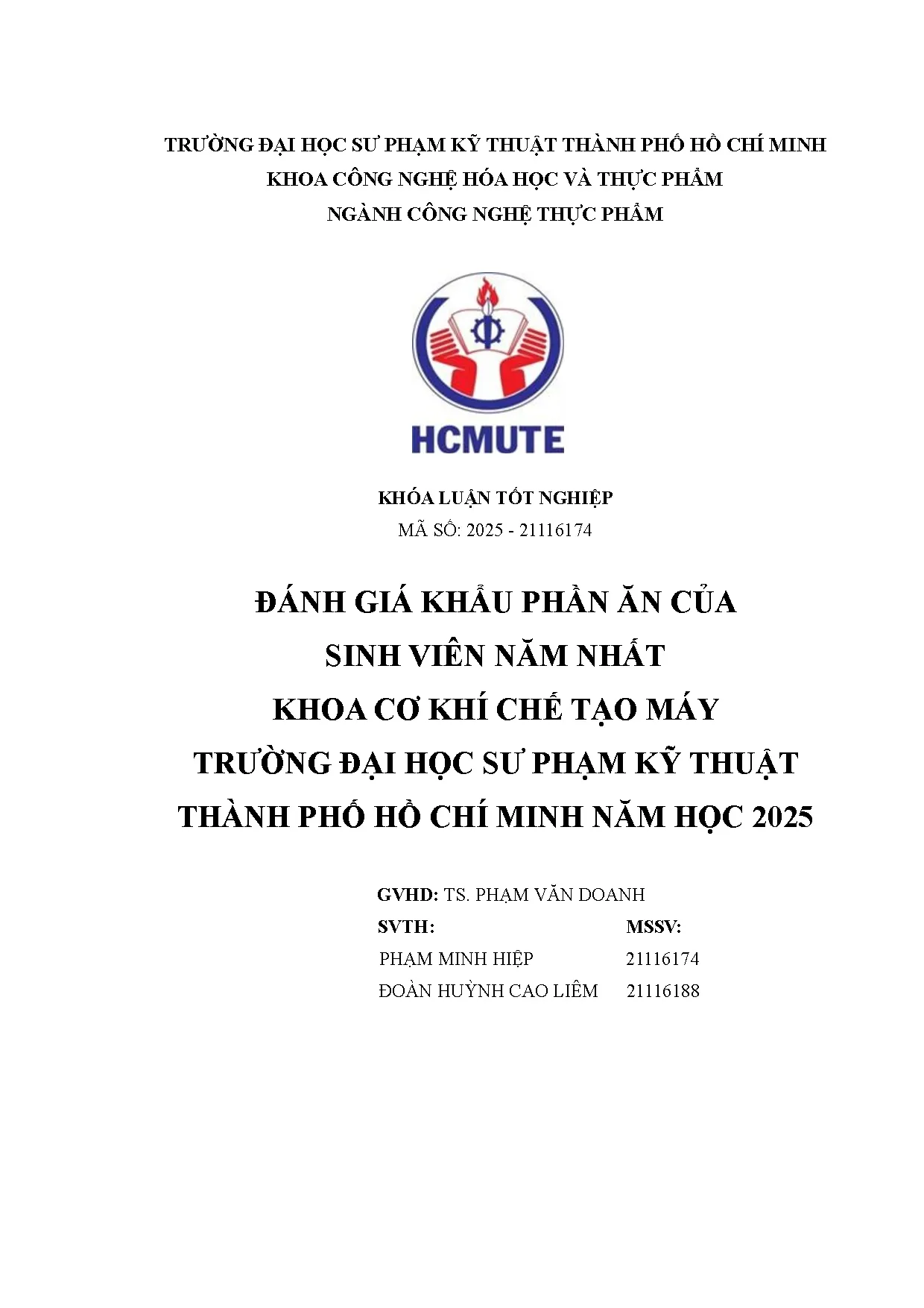 Đồ án tốt nghiệp - Đánh giá khẩu phần ăn của sinh viên năm nhất khoa Cơ khí Chế tạo MTĐHSPKTTPHCMN 2