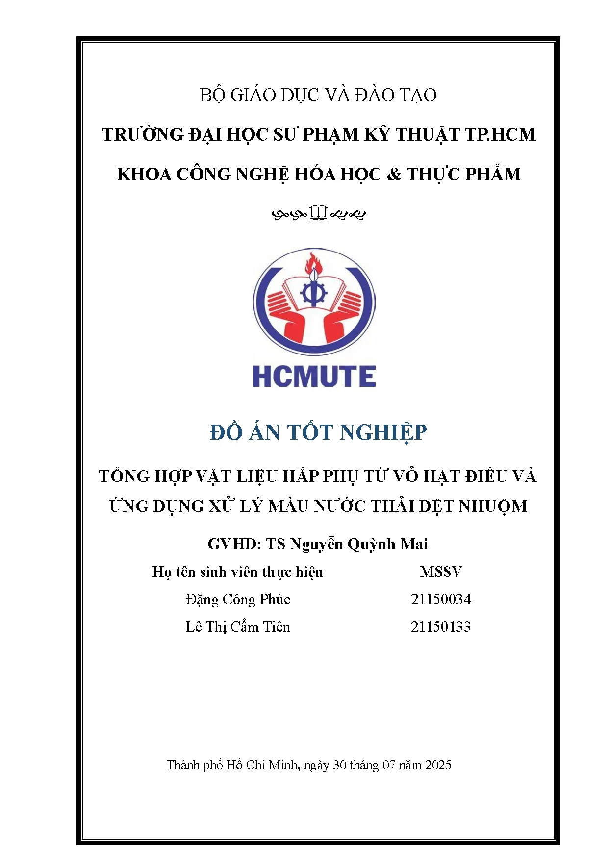 Đồ án tốt nghiệp - Tổng hợp vật liệu hấp phụ từ vỏ hạt điều và ứng dụng xử lý màu nước thải dệt N
