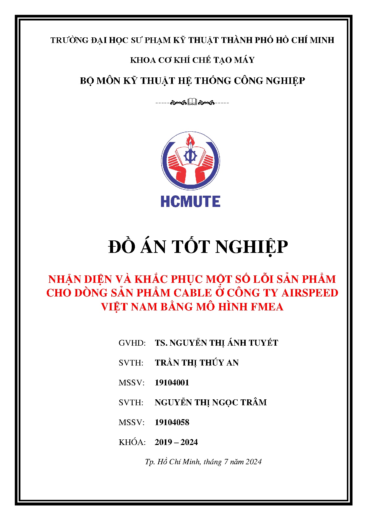 Đồ án tốt nghiệp - Nhận diện và khắc phục một số lỗi sản phẩm cho dòng sản phẩm Cable ở CTAVNBMHF