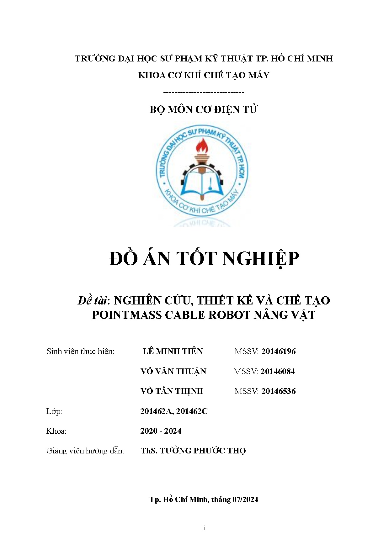 Đồ án tốt nghiệp - Nghiên cứu, thiết kế và chế tạo pointmass cable robot nâng vật