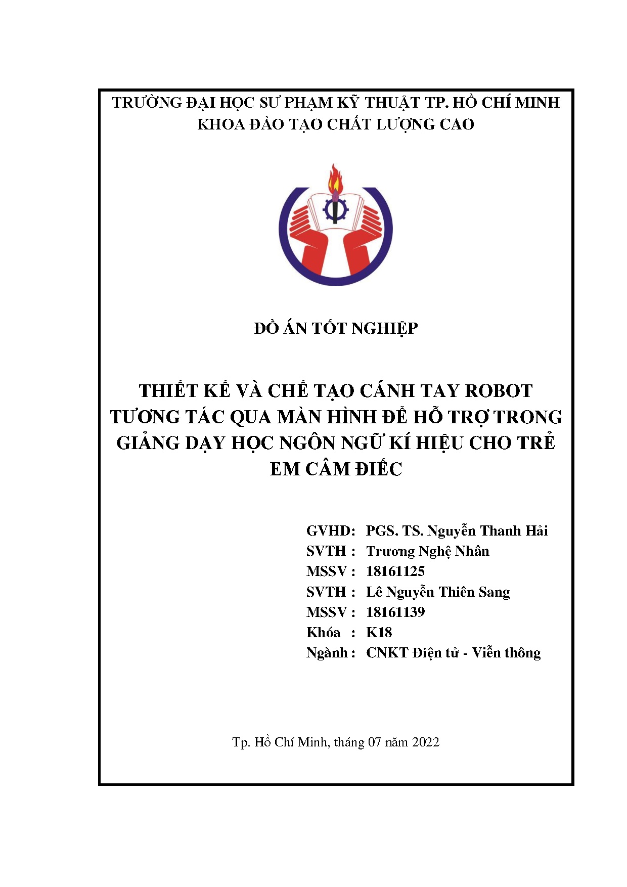 Đồ án tốt nghiệp - Thiết kế và chế tạo cánh tay robot tương tác qua màn hình để hỗ trợ TGDHNNKHCTECĐ