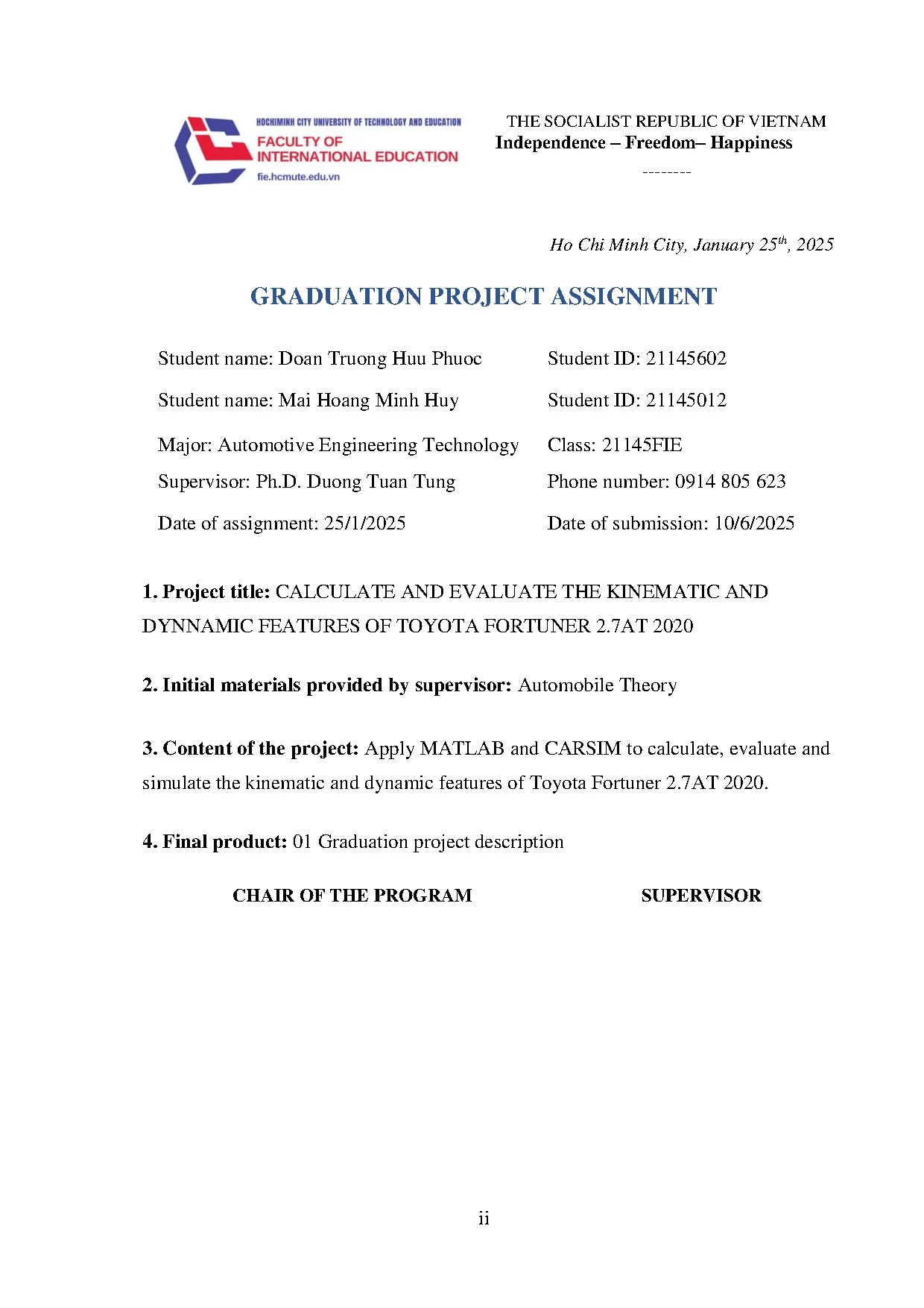 Đồ án tốt nghiệp - Calculate and evaluate the kinematic and dyamic features of Toyota Fortuner 2 2 - Trang 4