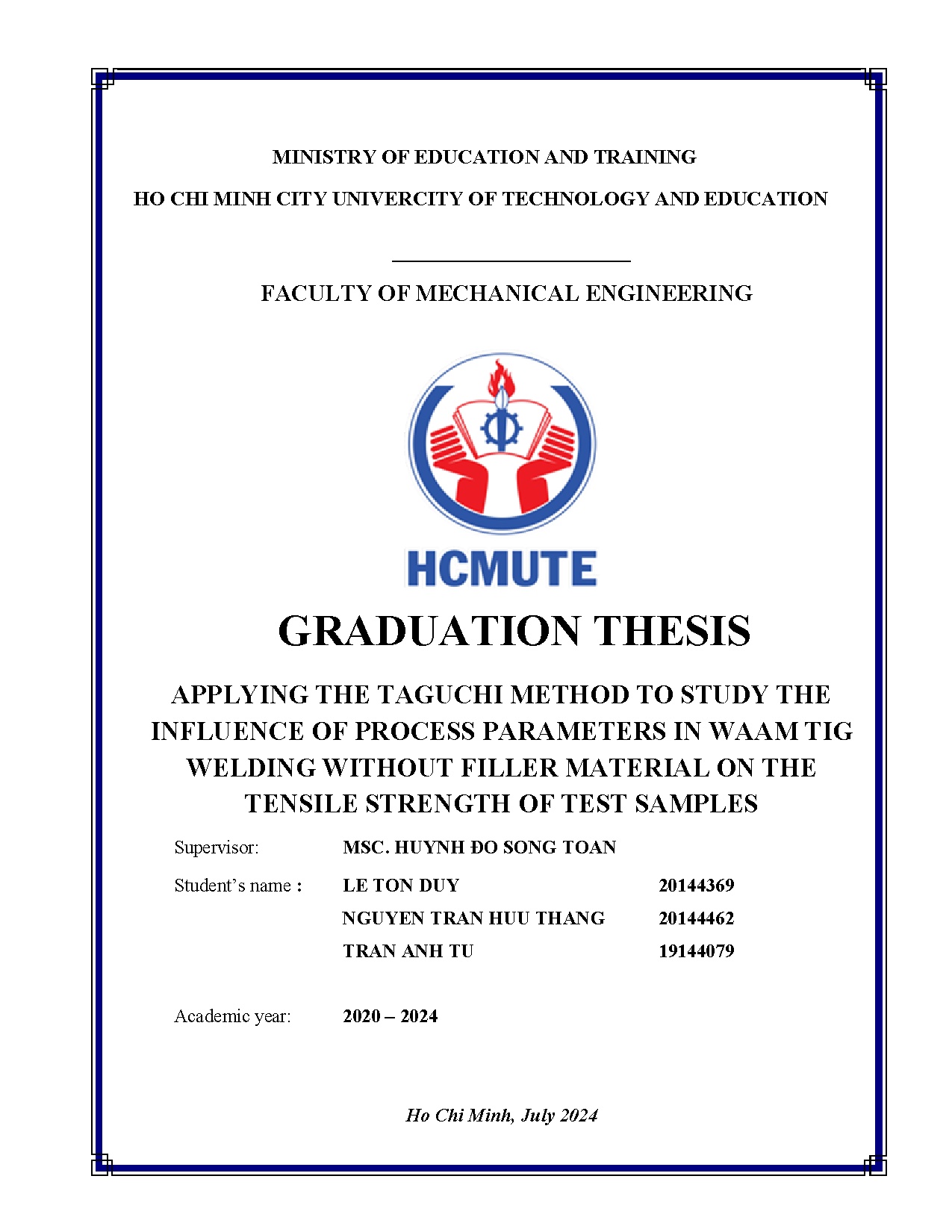 Đồ án tốt nghiệp - Applying the taguchi method to study the influence of process PIWTWWFMOTTSOTS