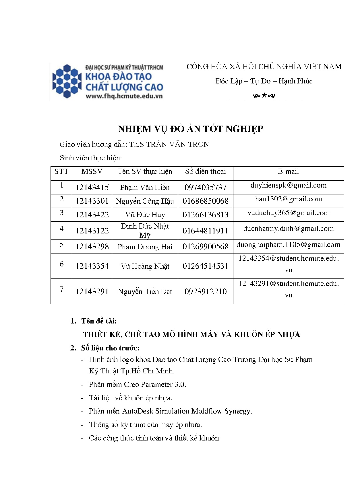 Đồ án tốt nghiệp - Thiết kế, chế tạo mô hình máy và khuôn ép nhựa: