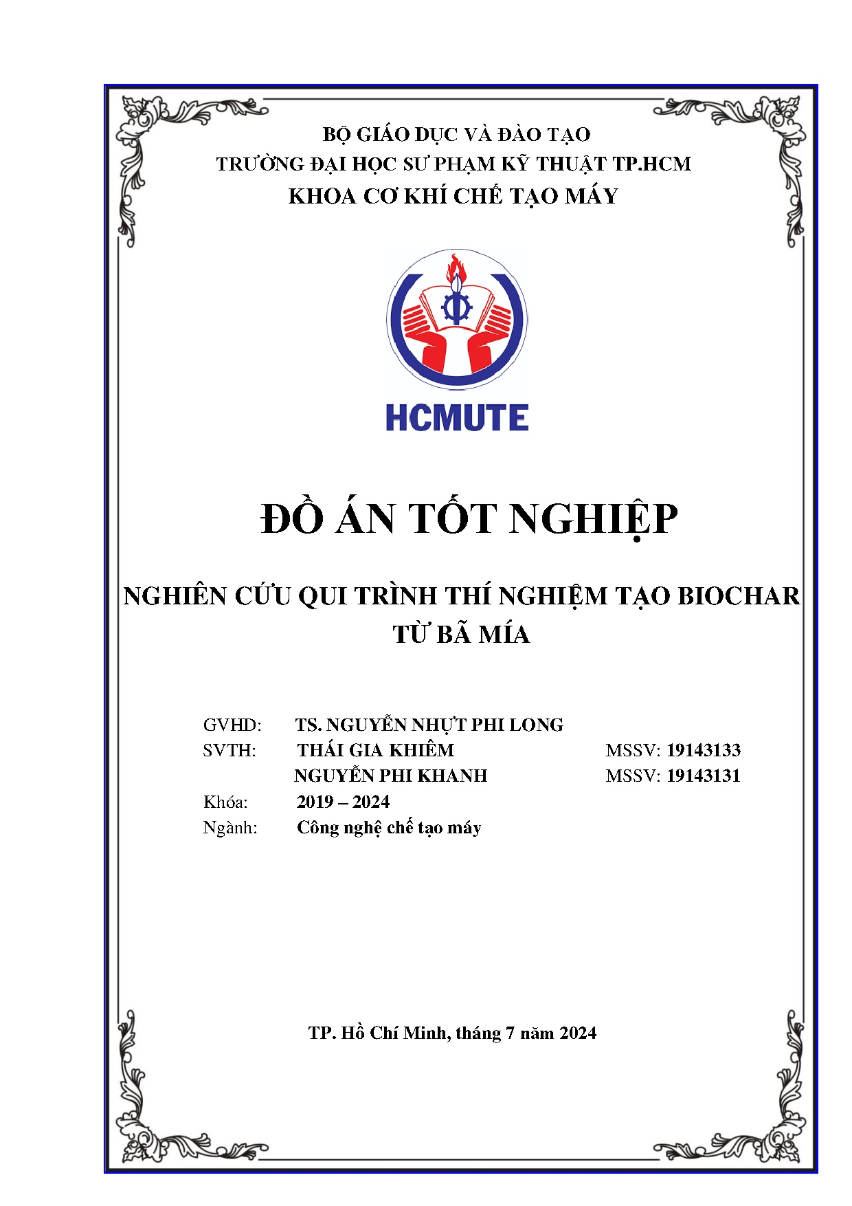 Đồ án tốt nghiệp - Nghiên cứu qui trình thí nghiệm tạo biochar từ bã mía