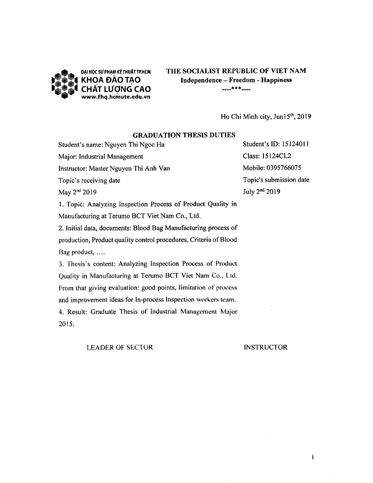 Đồ án tốt nghiệp - Analyzing inspection process of product quaility in manufacturing at Terumo BVNC - Trang 2