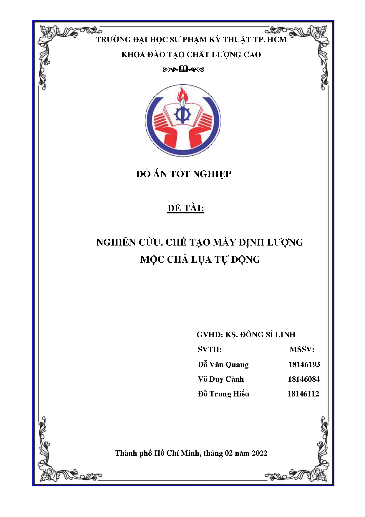 Đồ án tốt nghiệp - Nghiên cứu, chế tạo máy định lượng mộc chả lụa tự động