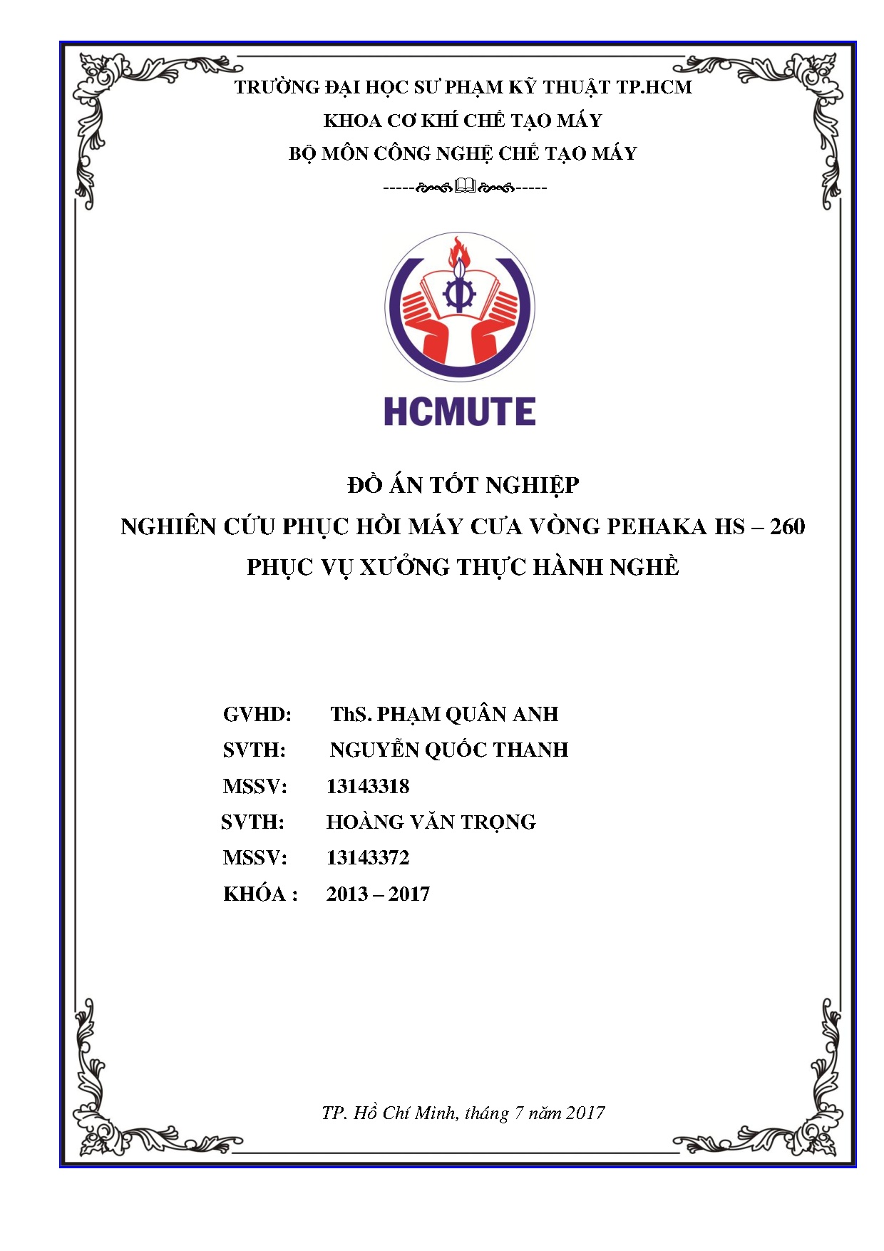 Đồ án tốt nghiệp - Nghiên cứu phục hồi máy cưa vòng Pehaka HS - 260 phục vụ xưởng thực hành nghề