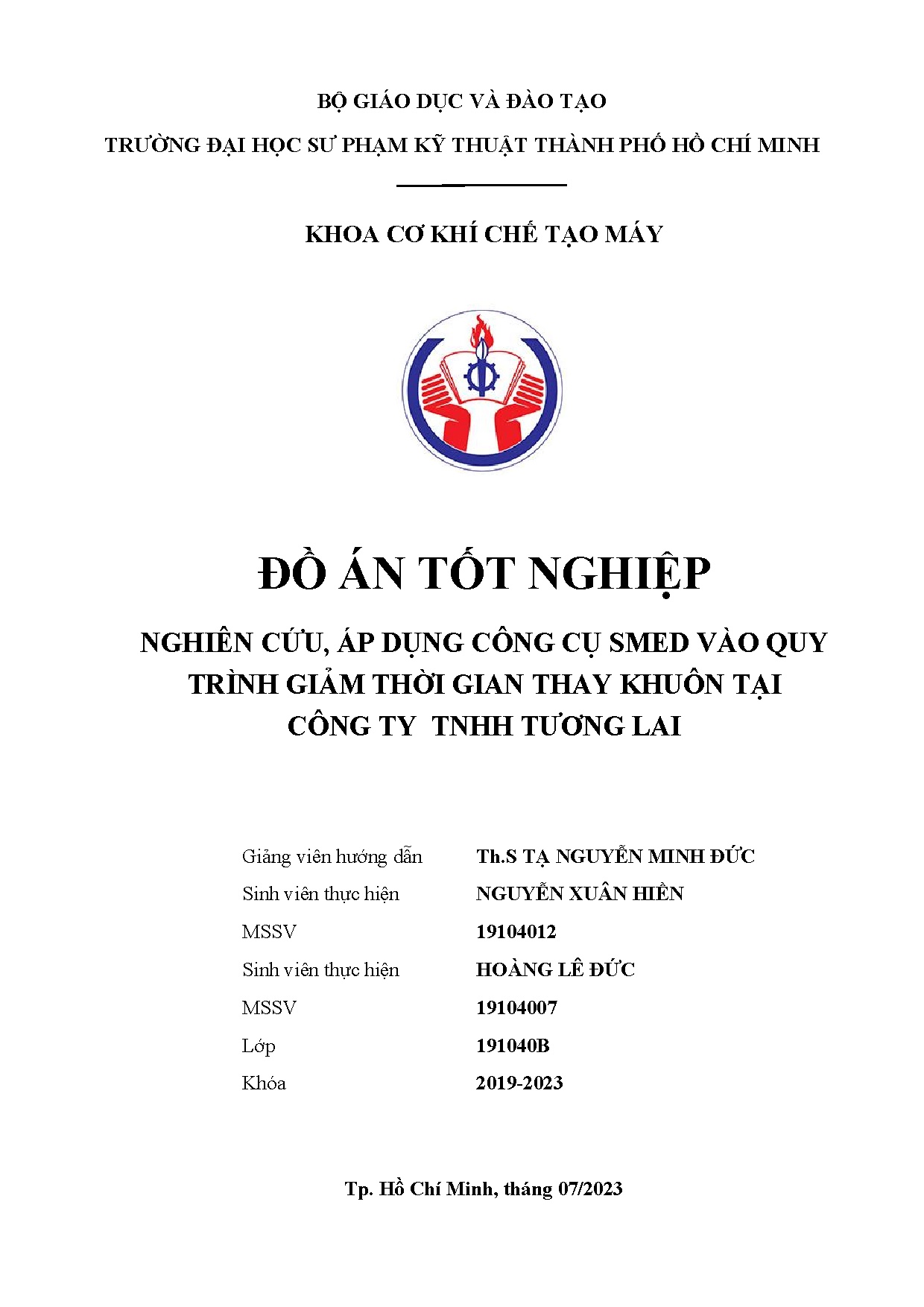 Đồ án tốt nghiệp - Nghiên cứu, áp dụng công cụ SMED vào quy trình giảm thời gian thay khuôn TCTTTL