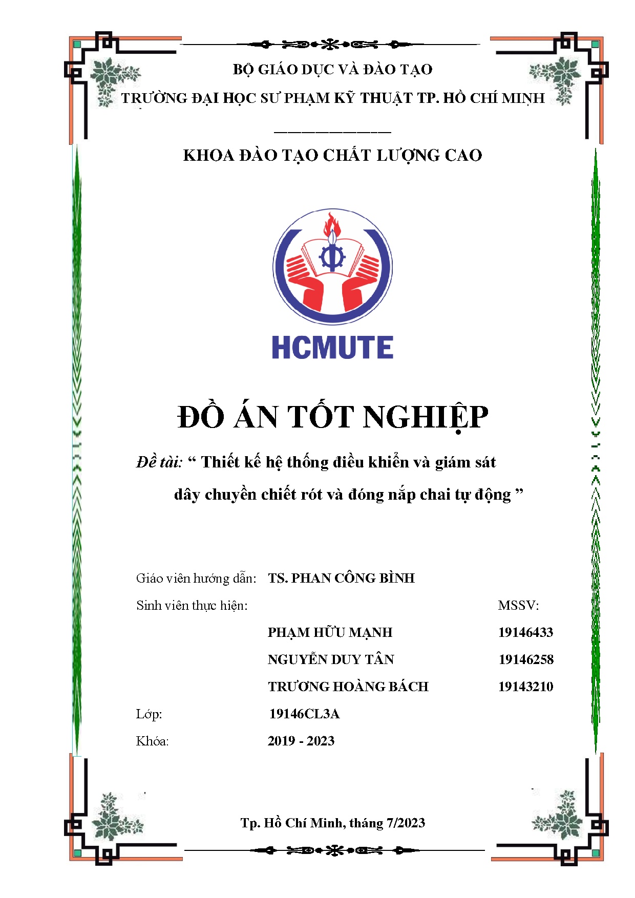 Đồ án tốt nghiệp - Thiết kế hệ thống điều khiển và giám sát dây chuyền chiết rót và đóng nắp chai TĐ