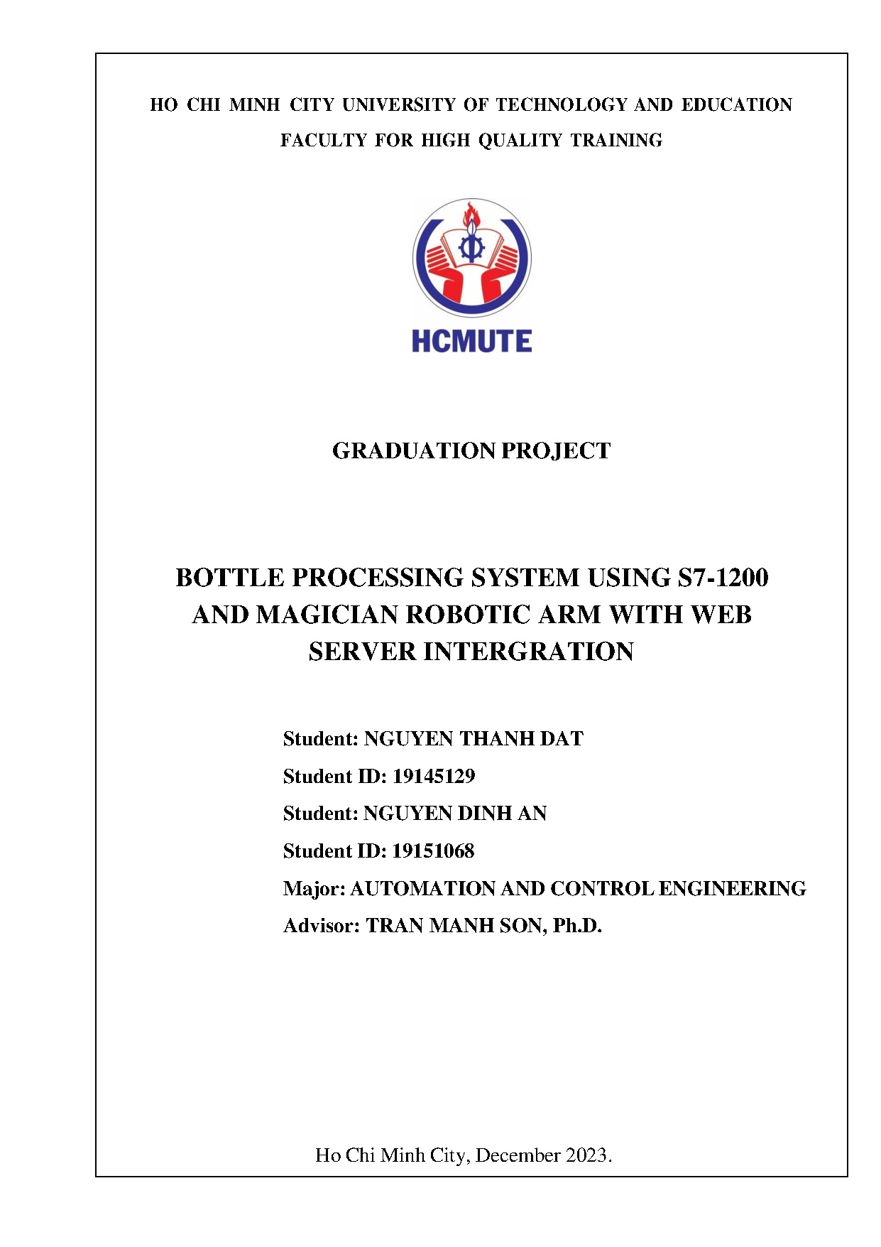 Đồ án tốt nghiệp - Bottle processing system using S7-1200 and magician robotic arm with web server I