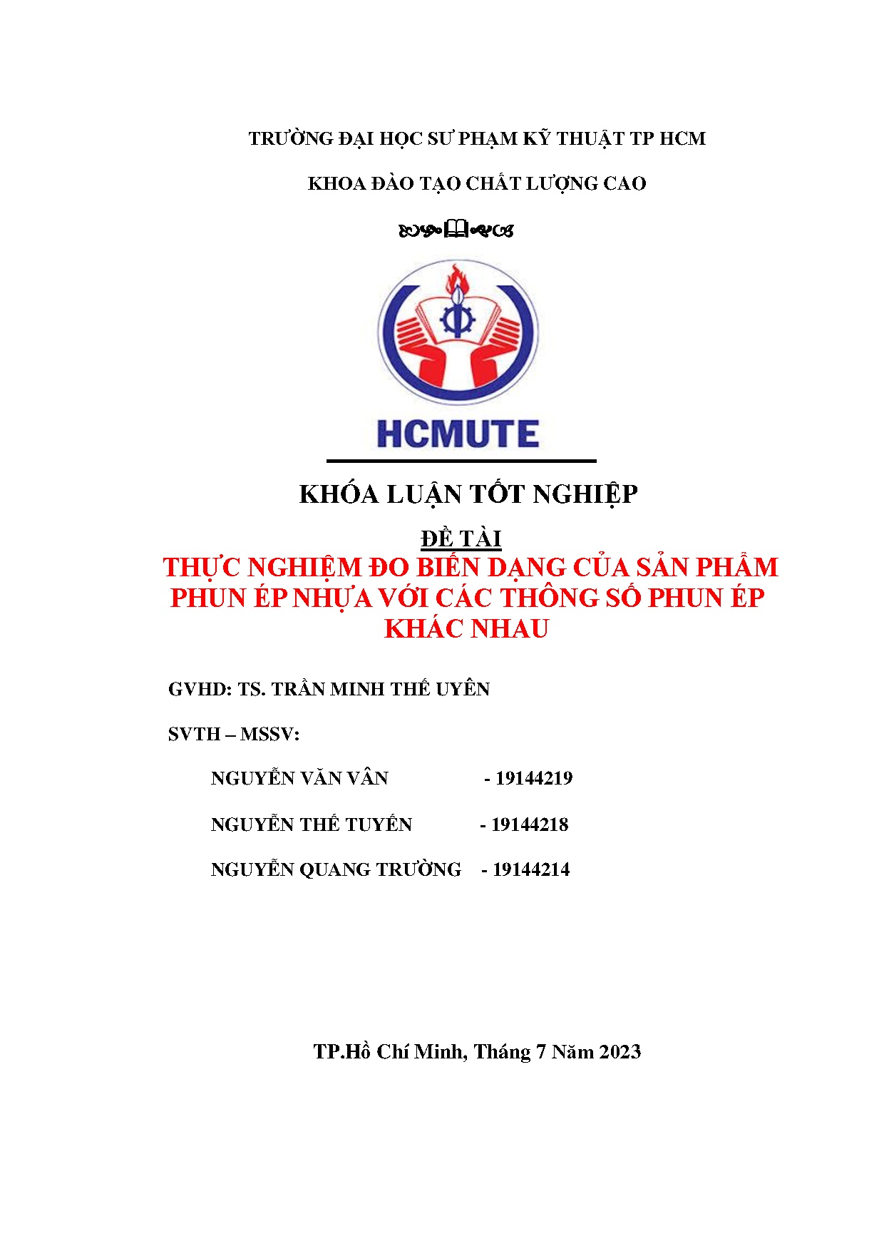 Đồ án tốt nghiệp - Thực nghiệm đo biến dạng của sản phẩm phun ép nhựa với các thông số phun ép KN