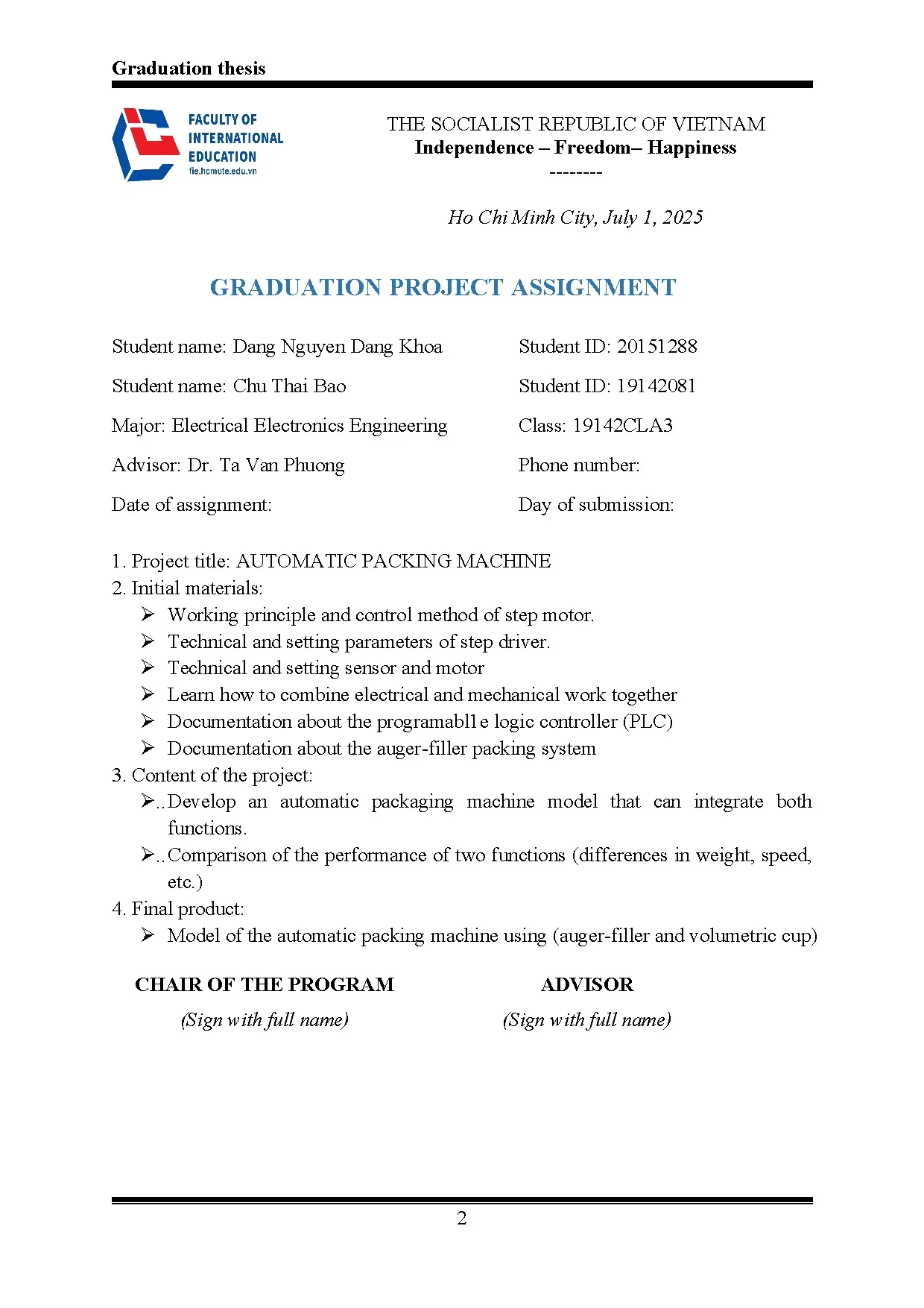 Đồ án tốt nghiệp - Automatic packing machine - Trang 2